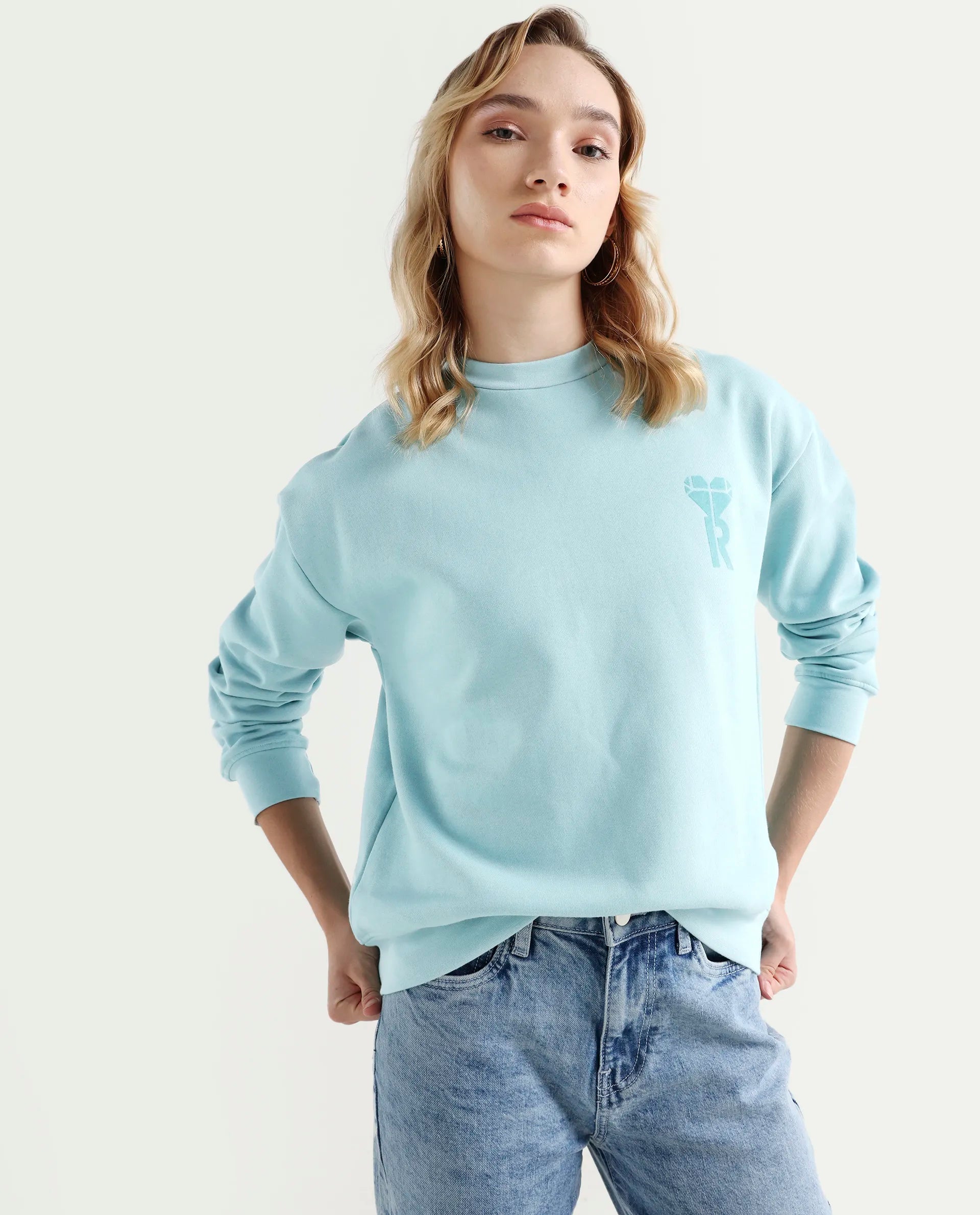 Rareism Women's Pelso Turq Polyester Blend Ribbed Collar Plain Cuffed Sleeve Relaxed Fit Sweatshirt