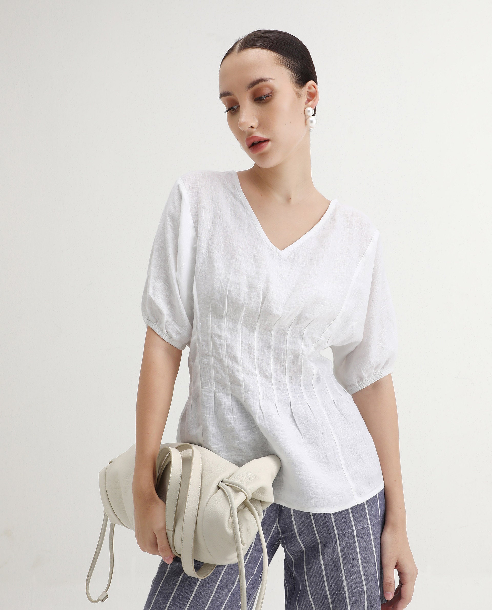 Rareism Women's Perdue White Linen V-Neck Plain Puff Sleeves Regular Fit Top