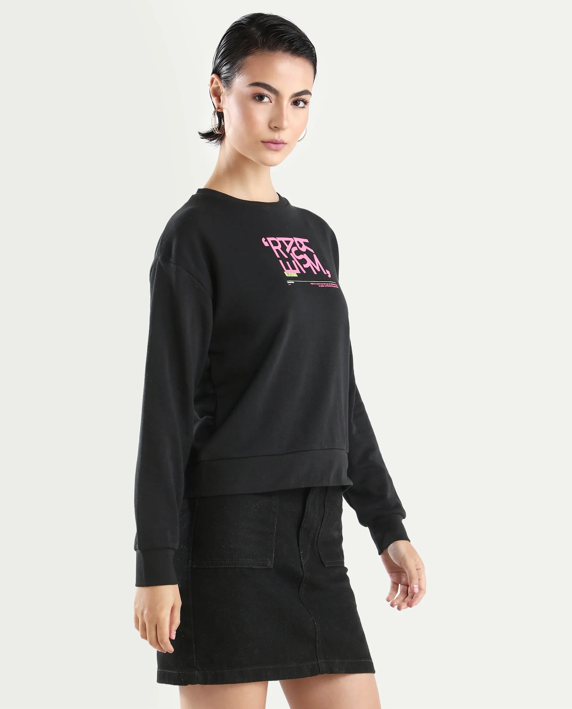 Rareism Women's Perio Black Cotton Blend Crew Neck Graphic Print Regular Fit Sweatshirt