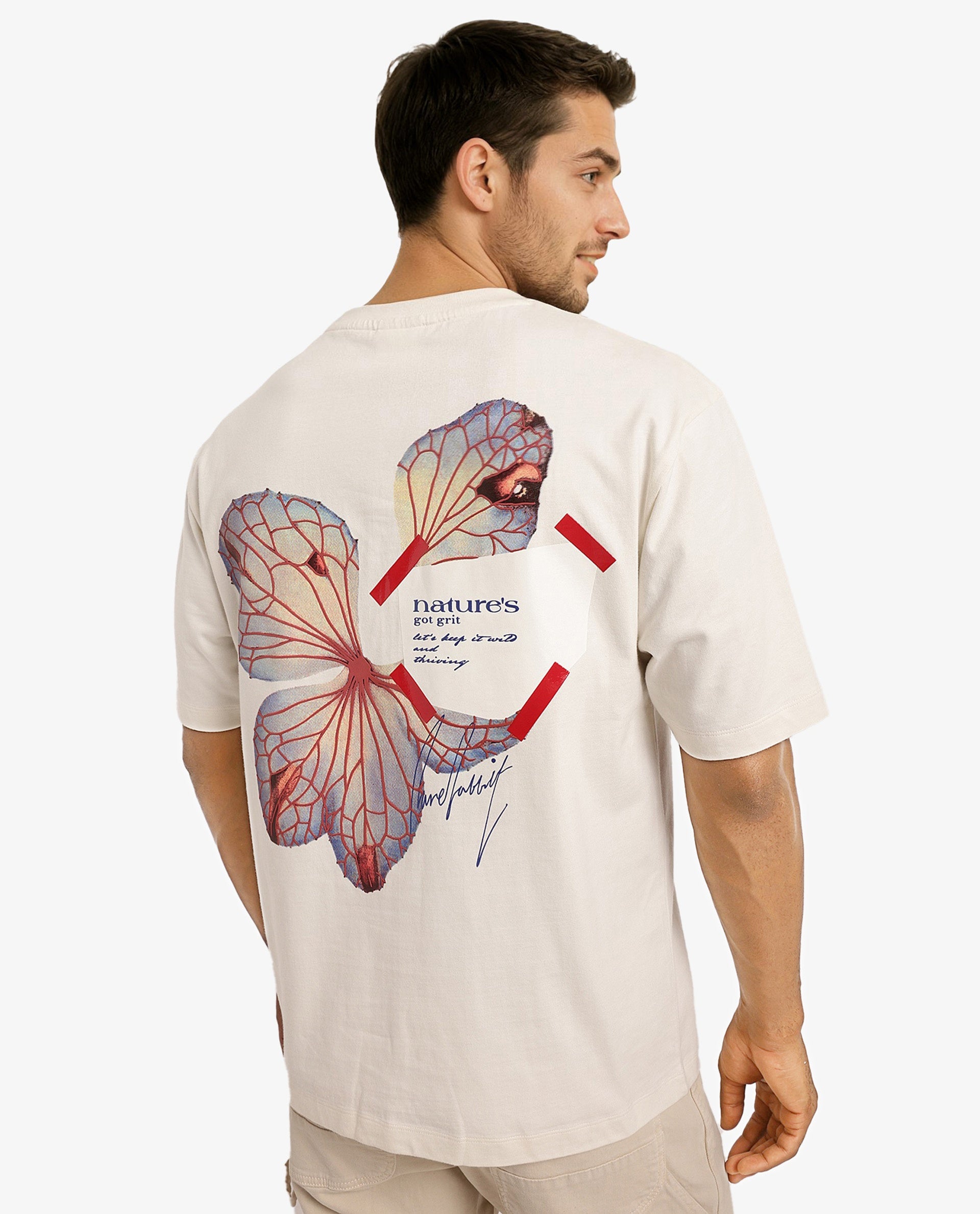 Rare Rabbit Men Peta Off White Cotton Blend Fabric Short Sleeve Crew Neck Oversized Fit Floral Back Print T-Shirt