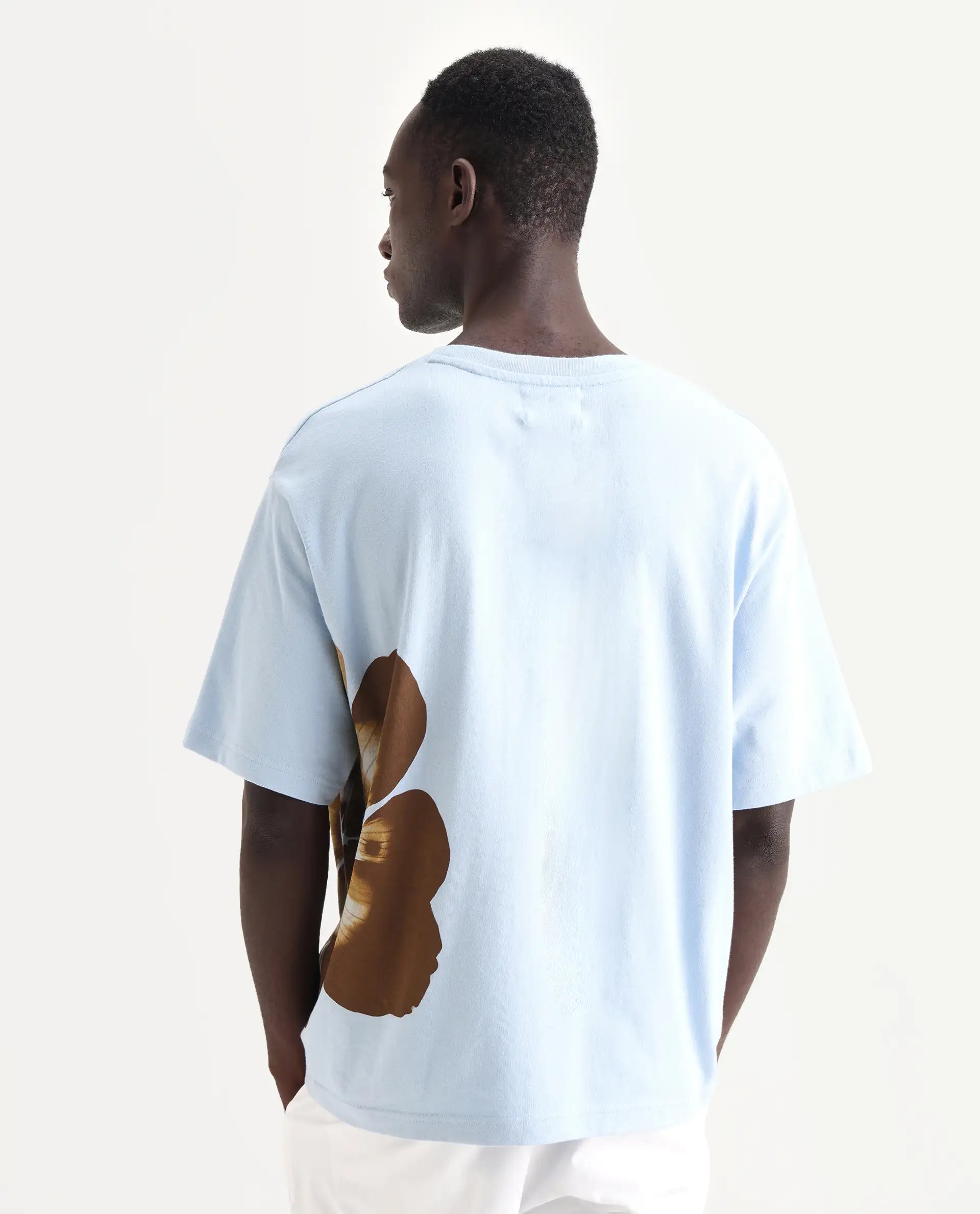 Rare Rabbit Men's Petas Light Blue Cotton Graphic Print Oversized Fit Half Sleeve Crew Neck T-Shirt