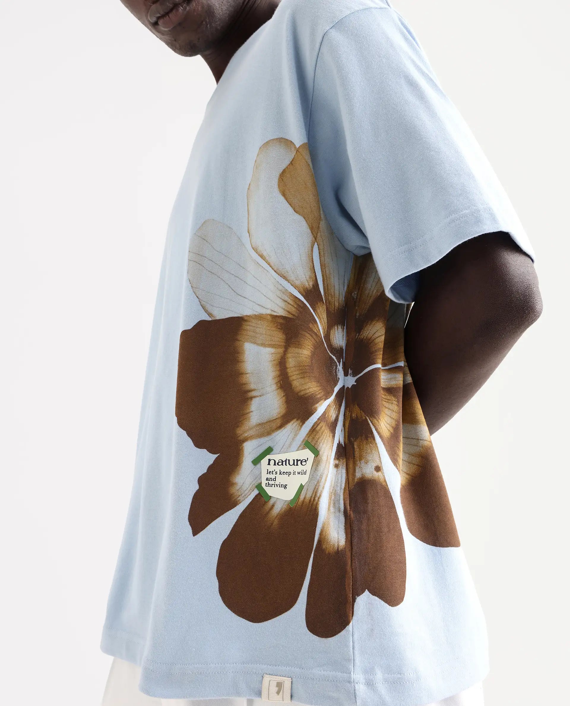 Rare Rabbit Men's Petas Light Blue Cotton Graphic Print Oversized Fit Half Sleeve Crew Neck T-Shirt