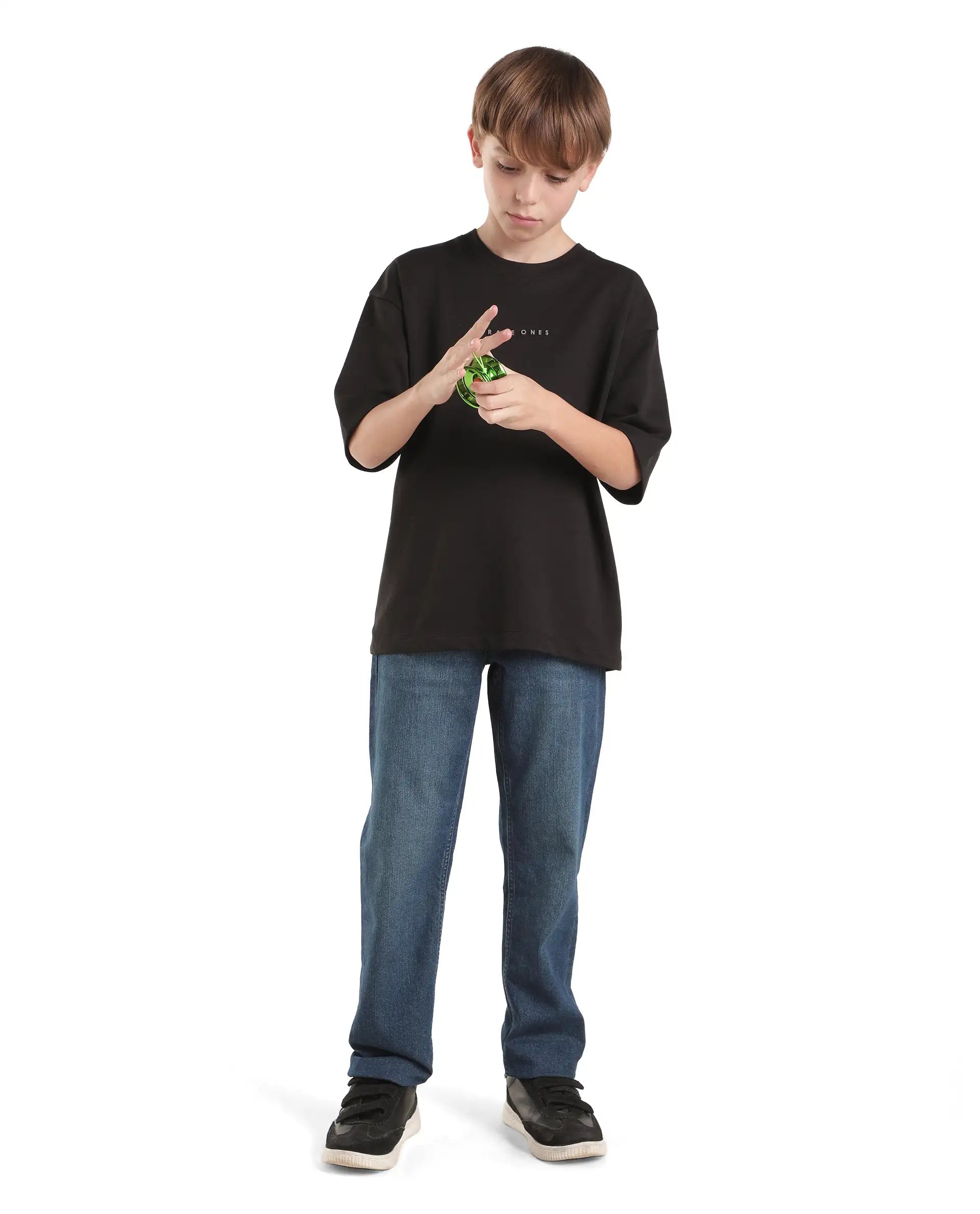 Rare Ones Kids Pete26-K Black Cotton Blend Fabric Pull-On Oversized Fit Graphic Print T-Shirt