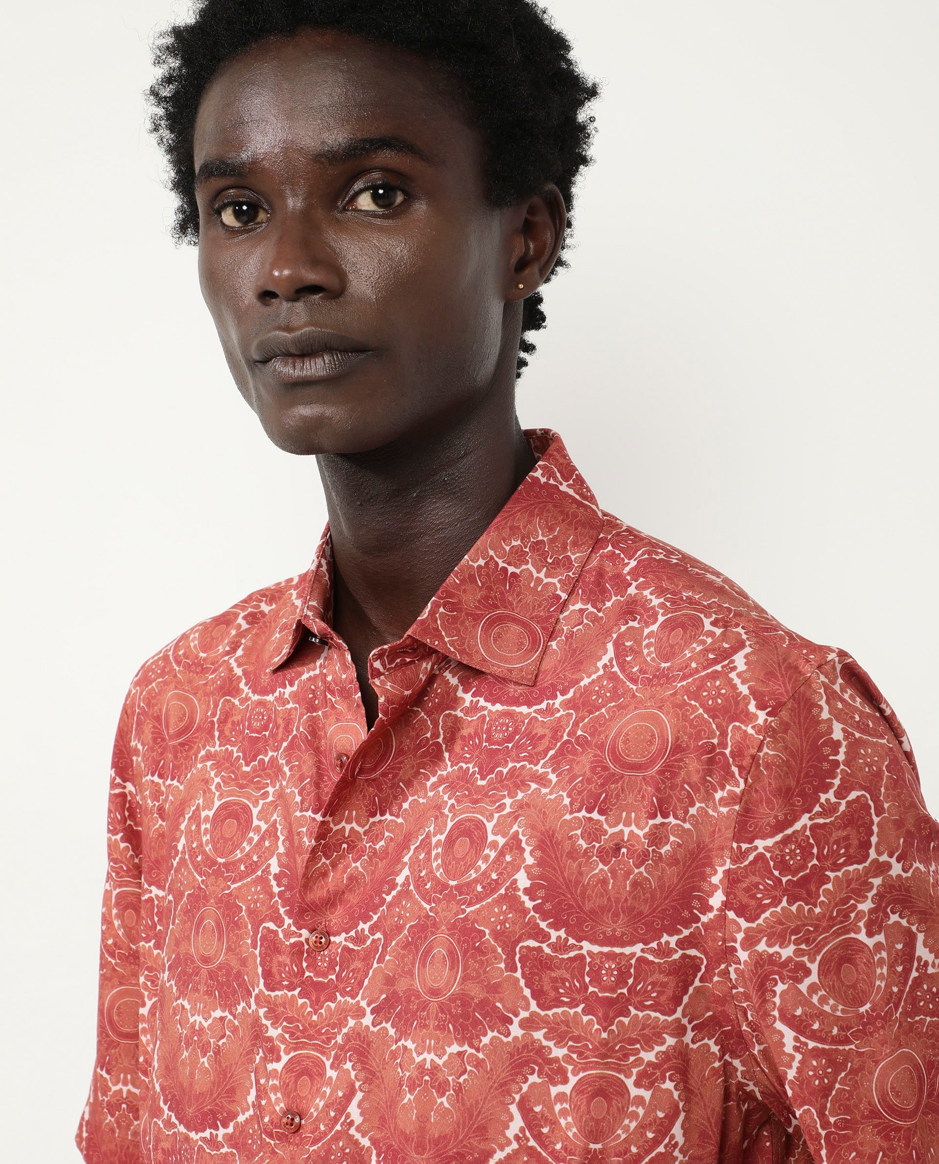 Rare Rabbit Men's Picano Rust Viscose Fabric Short Sleeve Abstract Floral Print Shirt