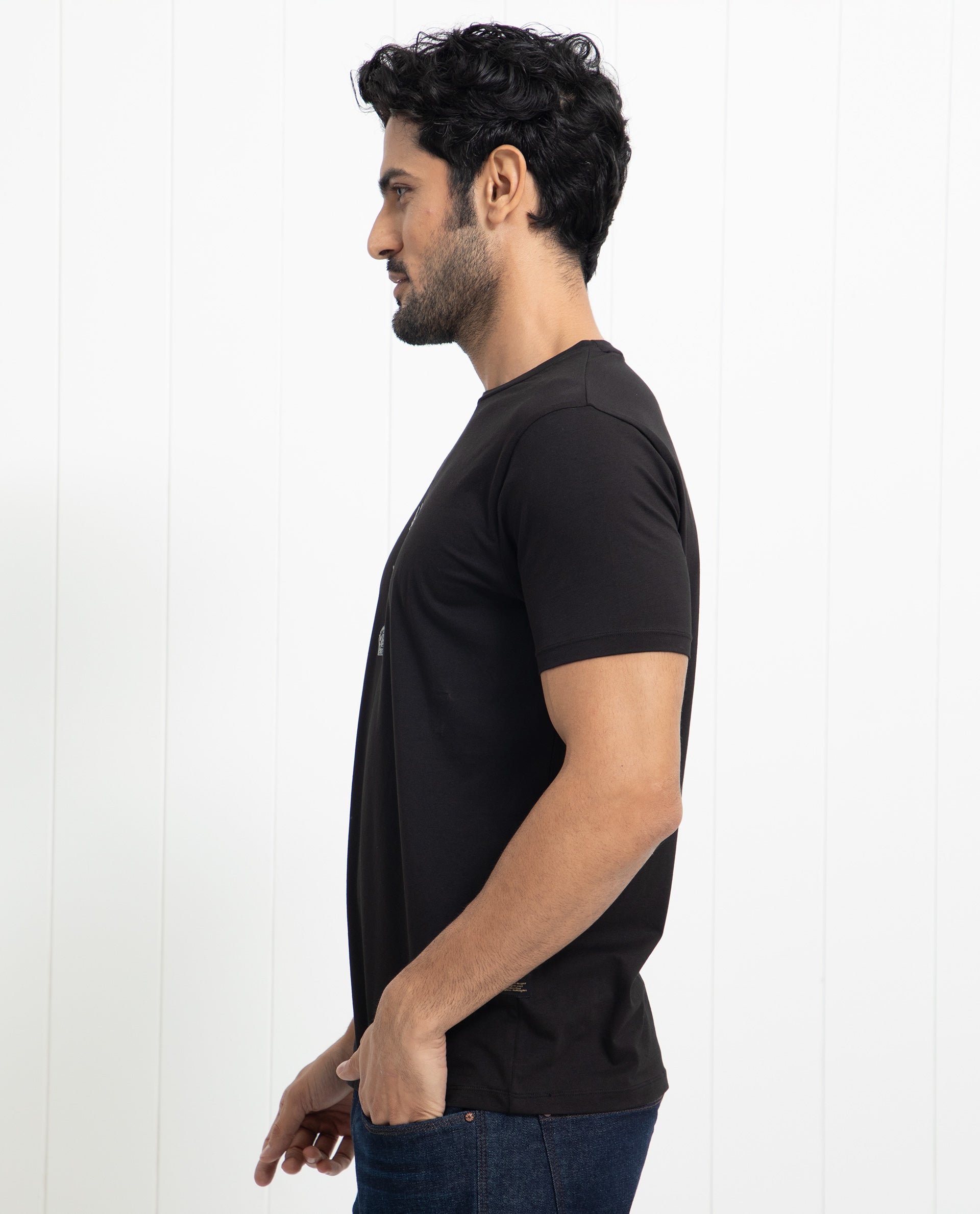 Rare Rabbit Men's Pilar Black Crew Neck Half Sleeves Regular Fit Foil Crown Graphic Print T-Shirt