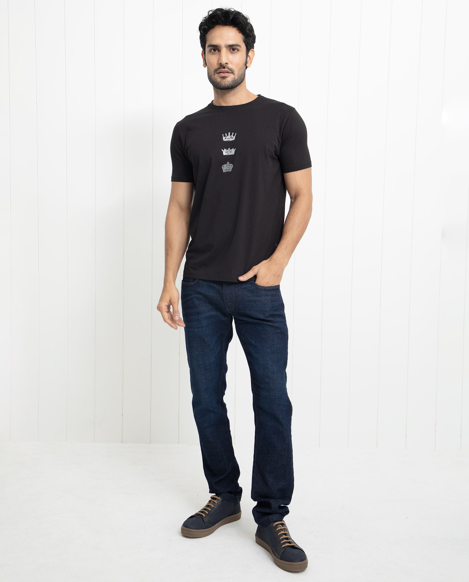 Rare Rabbit Men's Pilar Black Crew Neck Half Sleeves Regular Fit Foil Crown Graphic Print T-Shirt