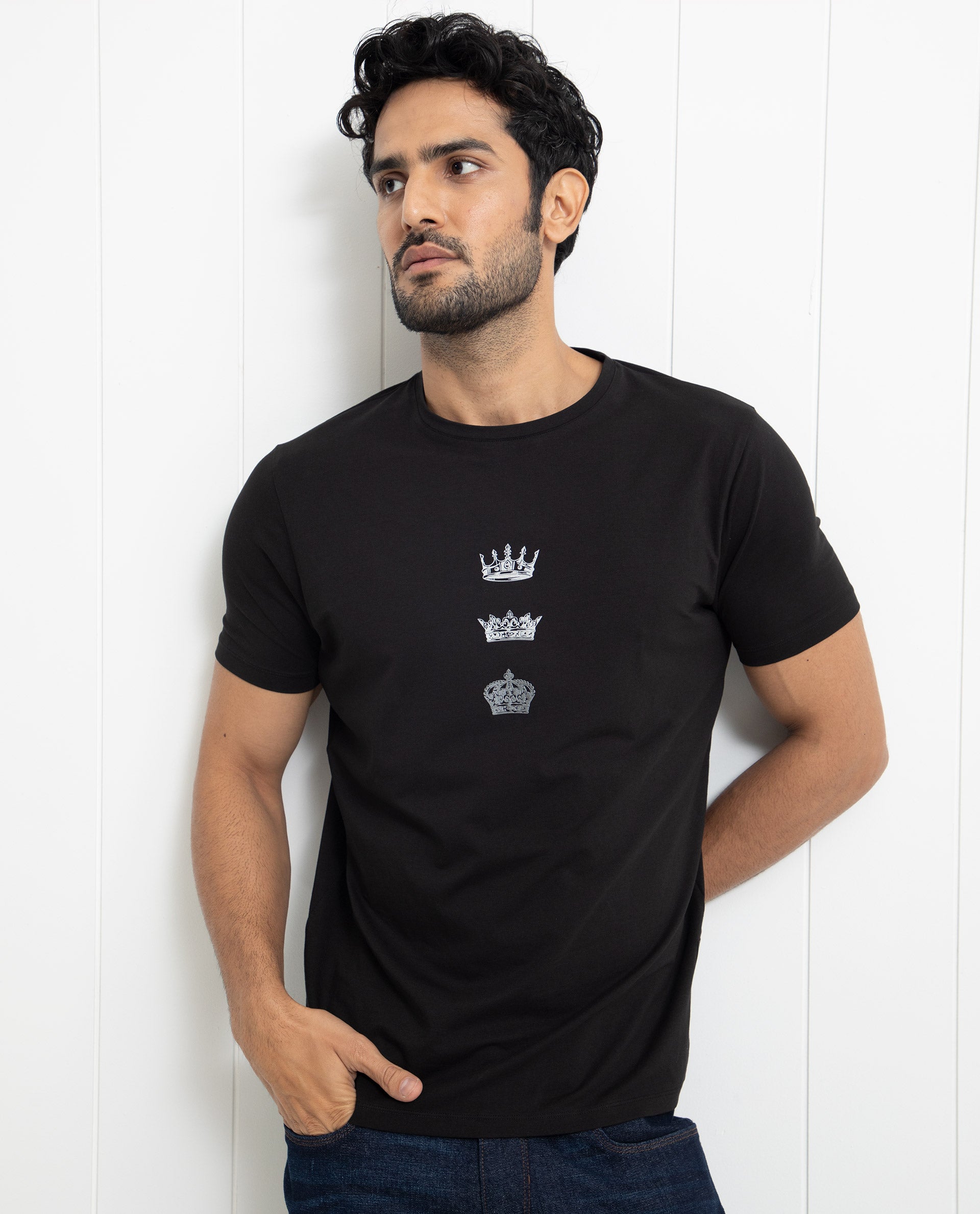Rare Rabbit Men's Pilar Black Crew Neck Half Sleeves Regular Fit Foil Crown Graphic Print T-Shirt