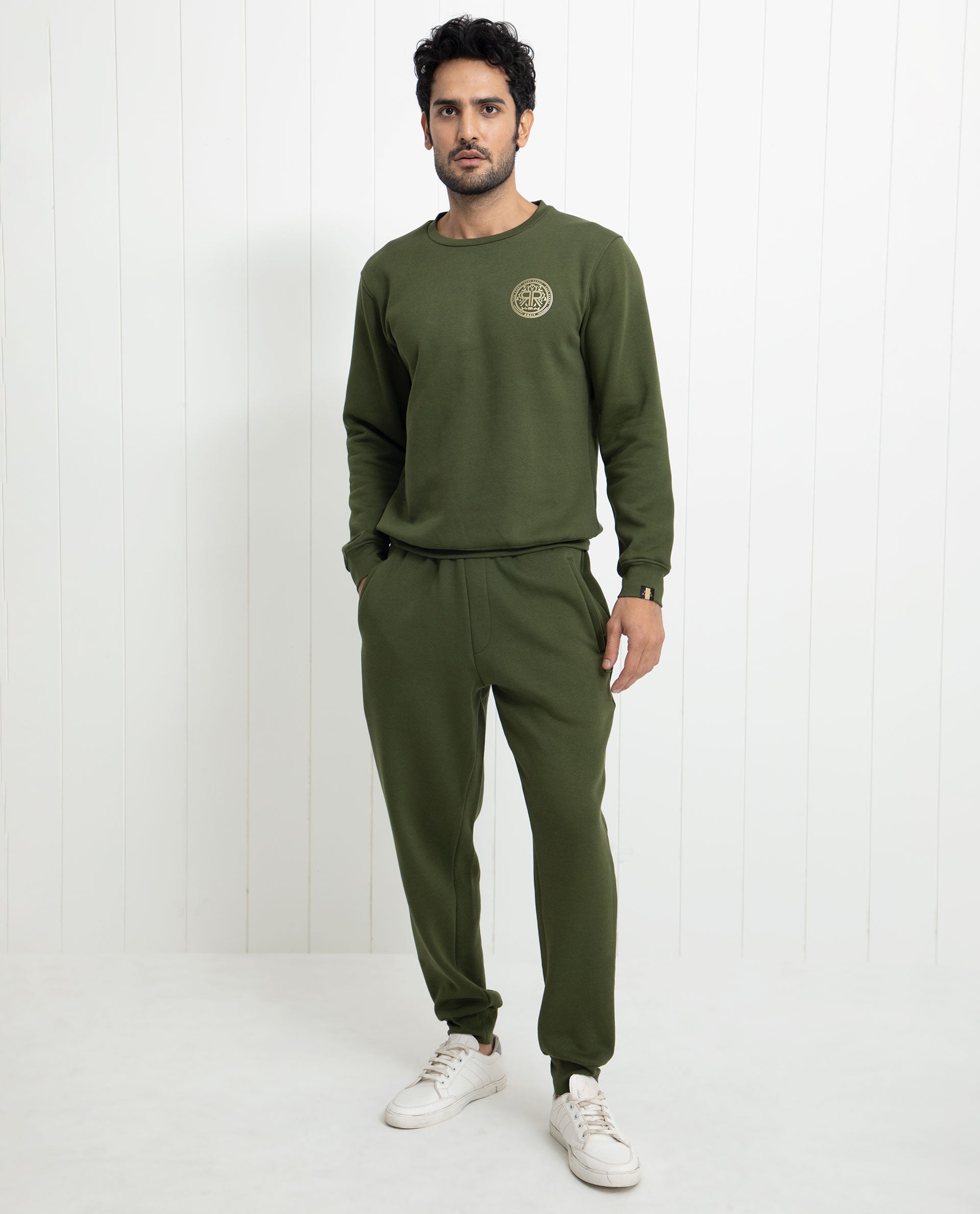 Rare Rabbit Men's Pine Olive Cotton Polyester Fabric Full Sleeves Logo Graphic Print Knitted Sweatshirt