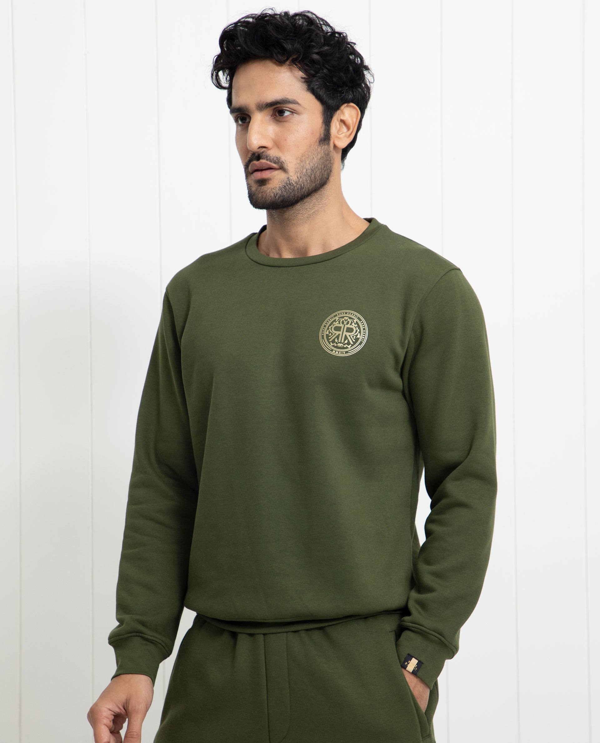 Rare Rabbit Men's Pine Olive Cotton Polyester Fabric Full Sleeves Logo Graphic Print Knitted Sweatshirt