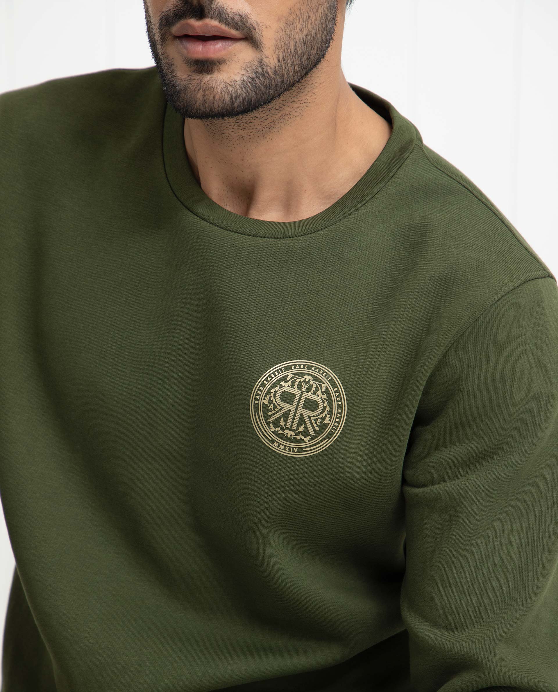 Rare Rabbit Men's Pine Olive Cotton Polyester Fabric Full Sleeves Logo Graphic Print Knitted Sweatshirt