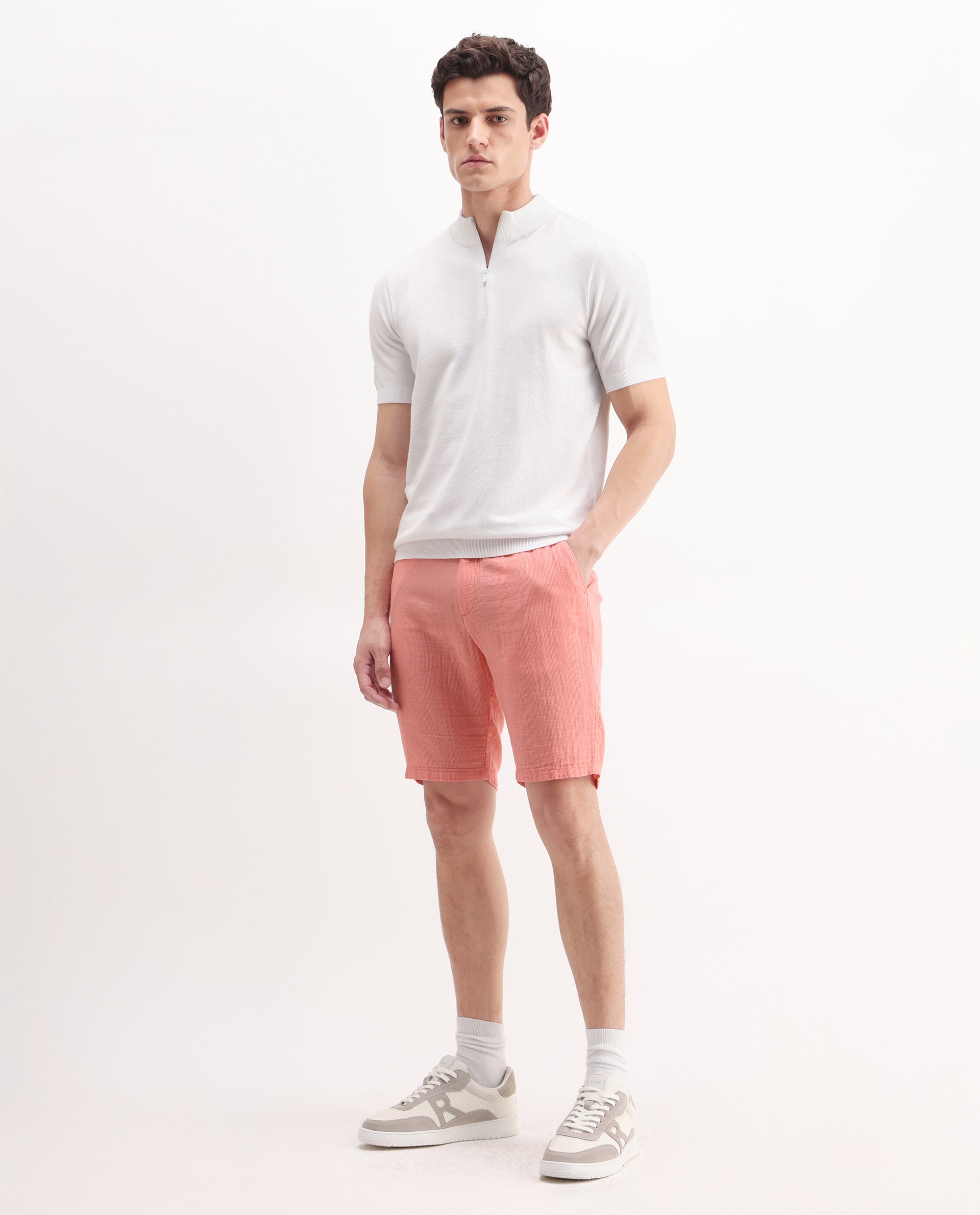 Rare Rabbit Men's Pinto-25 Light Peach Cotton Plain Regular Fit Shorts