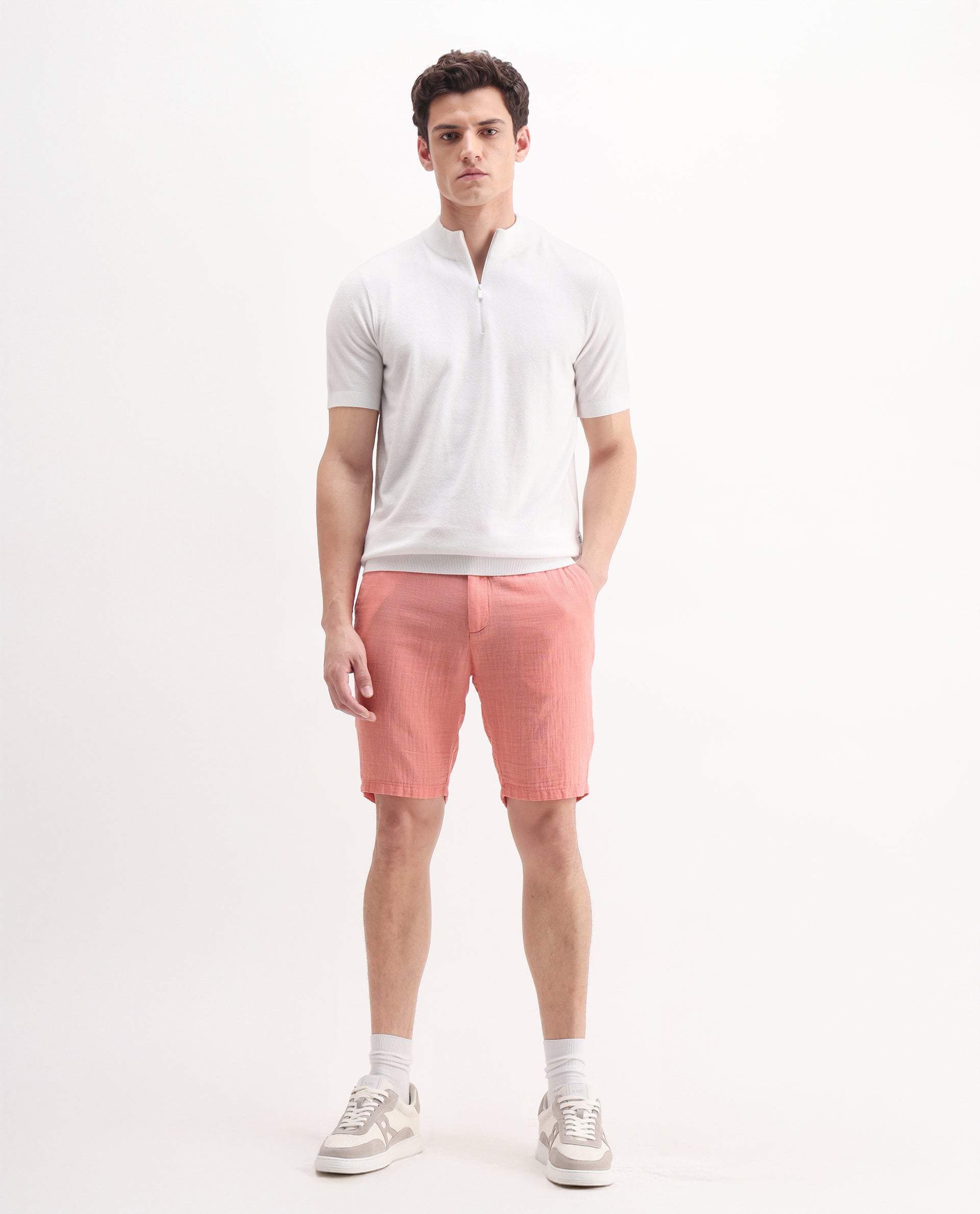 Rare Rabbit Men's Pinto-25 Light Peach Cotton Plain Regular Fit Shorts