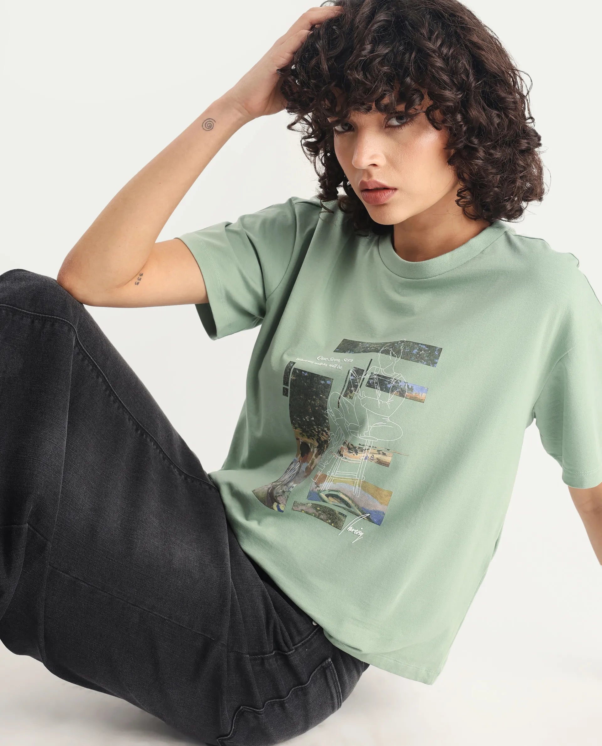 Rareism Women's Pique Light Green Cotton Blend Crew Neck Graphic Print Relaxed Fit T-Shirt