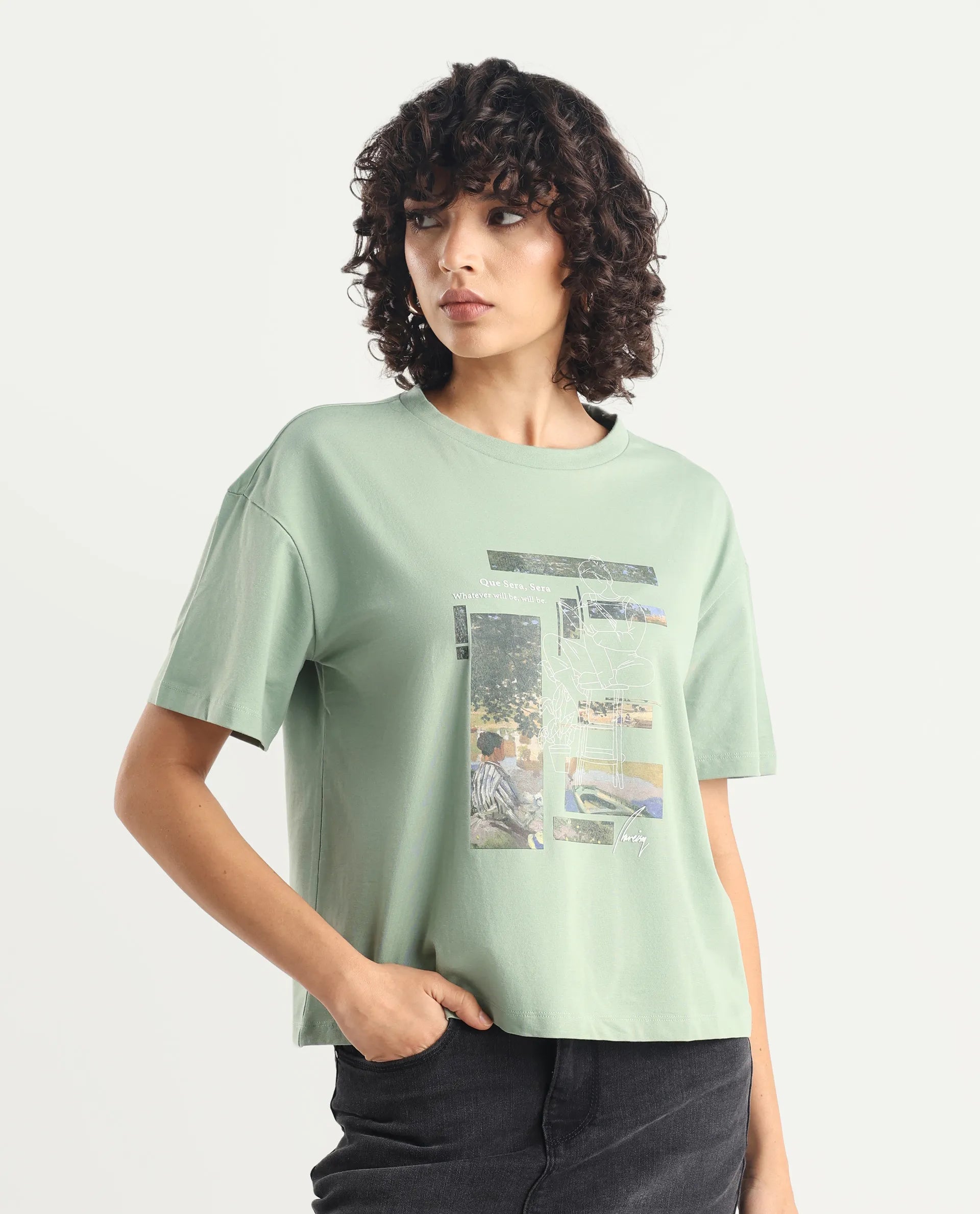 Rareism Women's Pique Light Green Cotton Blend Crew Neck Graphic Print Relaxed Fit T-Shirt