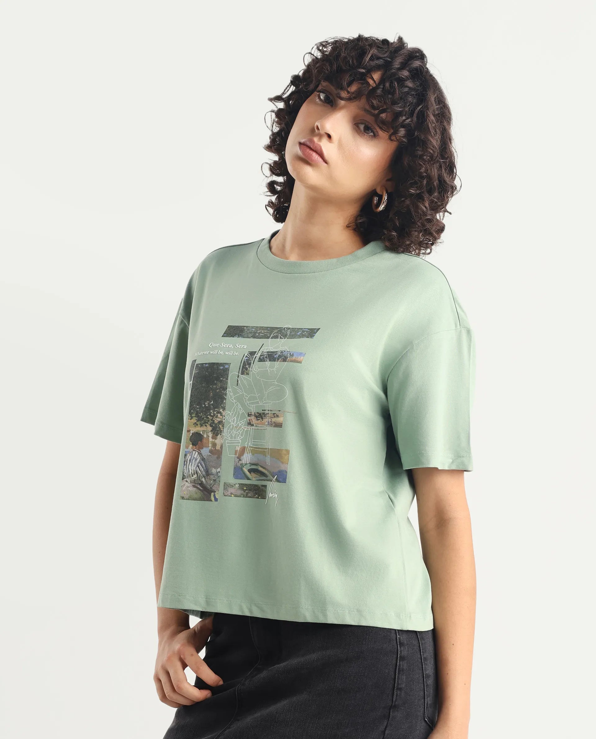 Rareism Women's Pique Light Green Cotton Blend Crew Neck Graphic Print Relaxed Fit T-Shirt