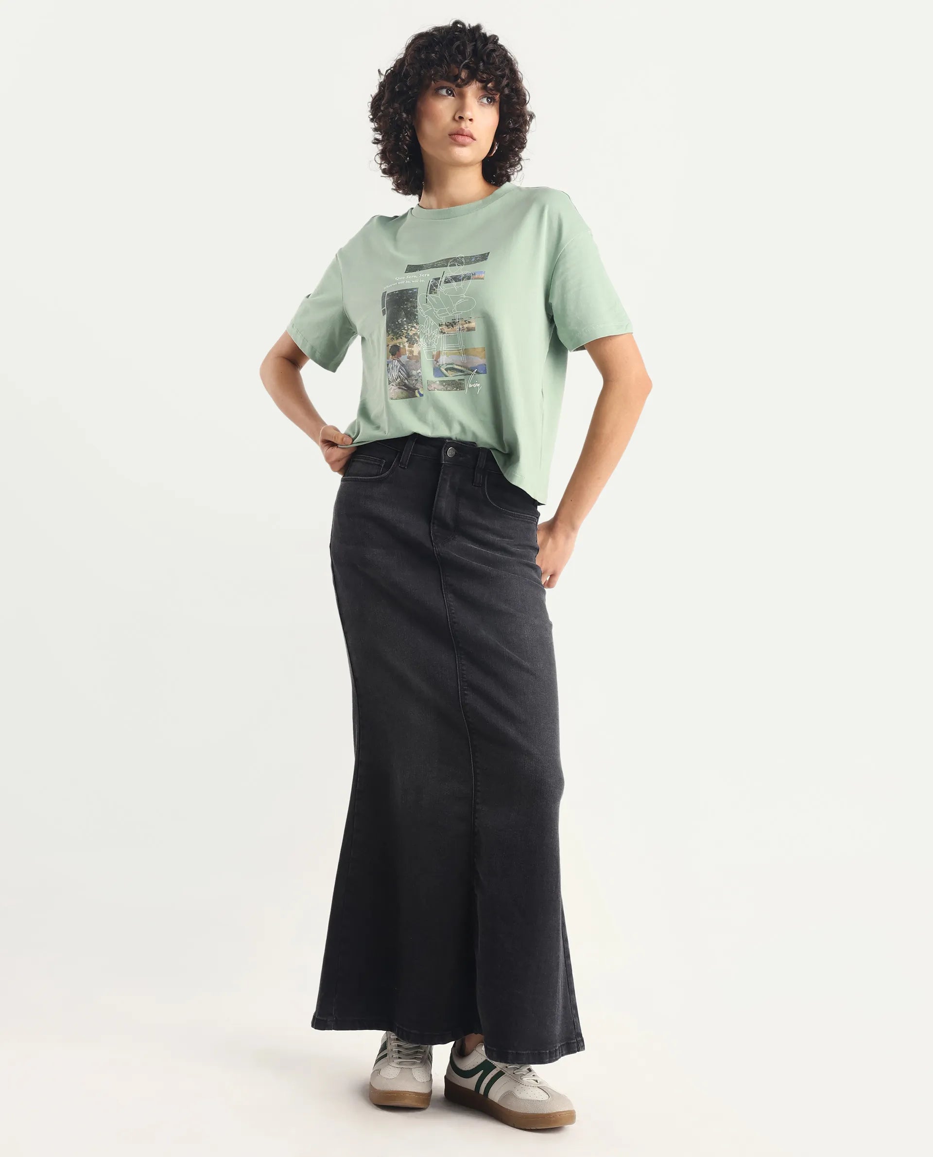 Rareism Women's Pique Light Green Cotton Blend Crew Neck Graphic Print Relaxed Fit T-Shirt