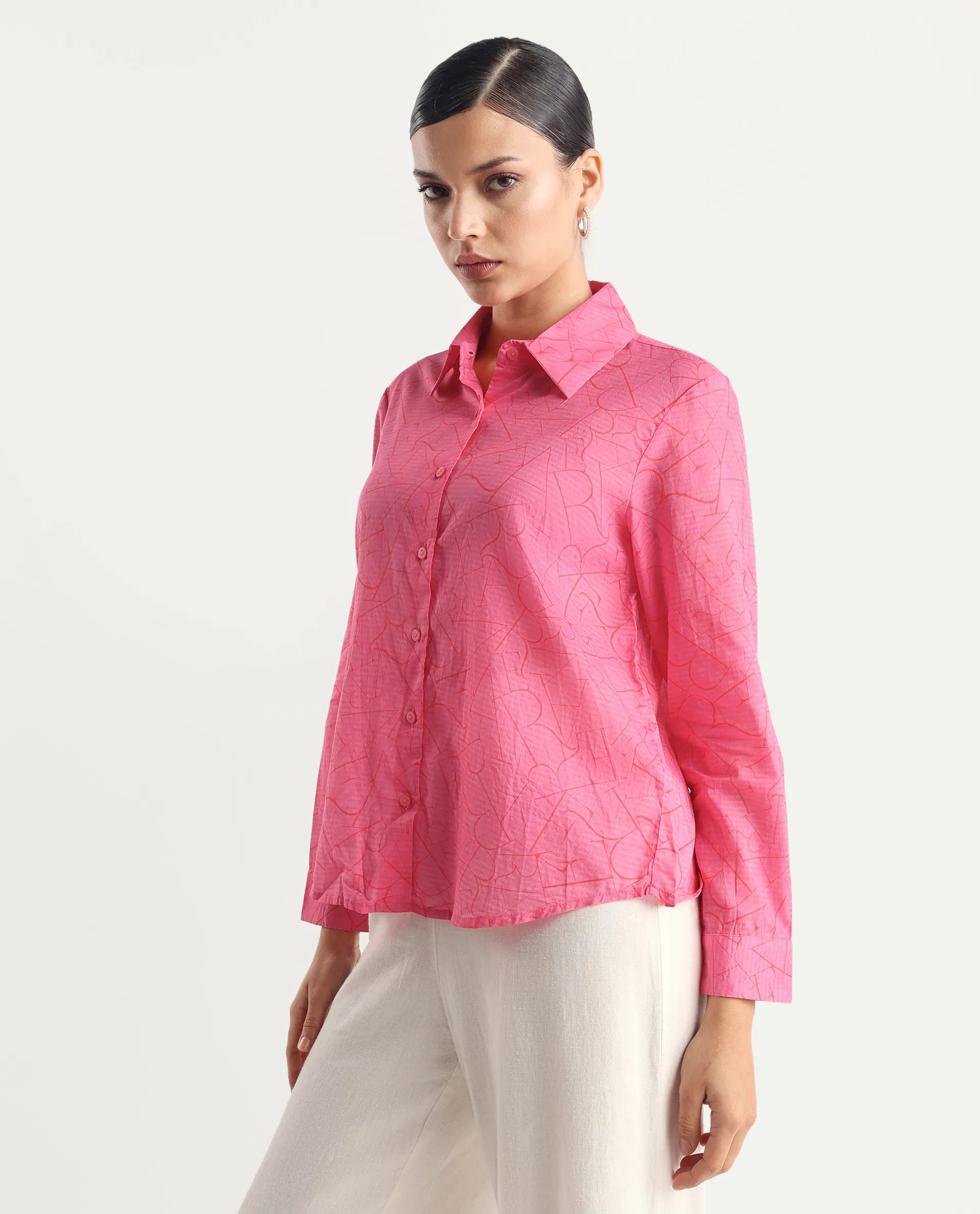 Rareism Women's Poiny Pink Cotton Spread Collar Monogram Print Cuffed Sleeve Regular Fit Top