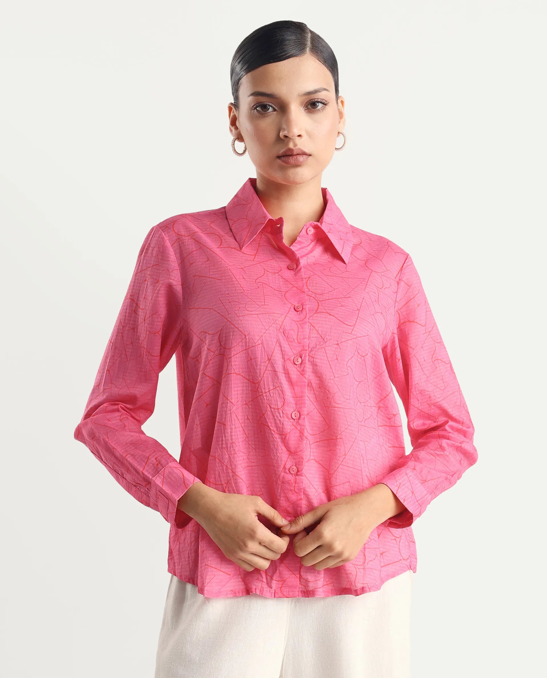 Rareism Women's Poiny Pink Cotton Spread Collar Monogram Print Cuffed Sleeve Regular Fit Top