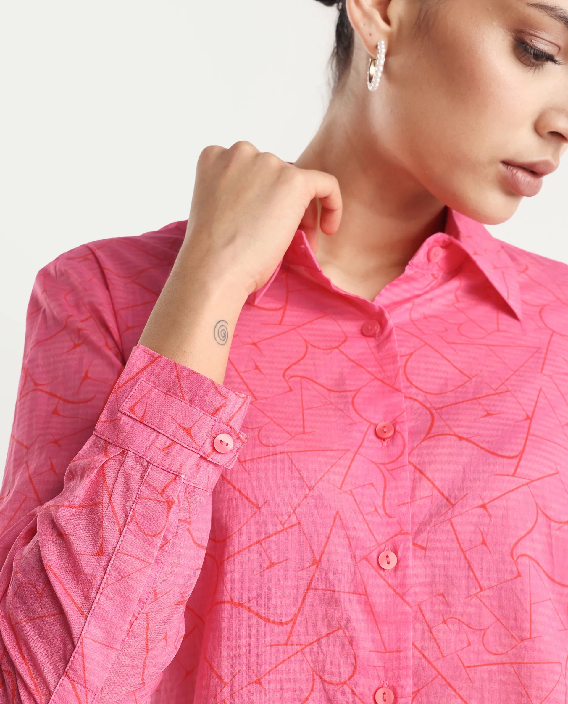 Rareism Women's Poiny Pink Cotton Spread Collar Monogram Print Cuffed Sleeve Regular Fit Top