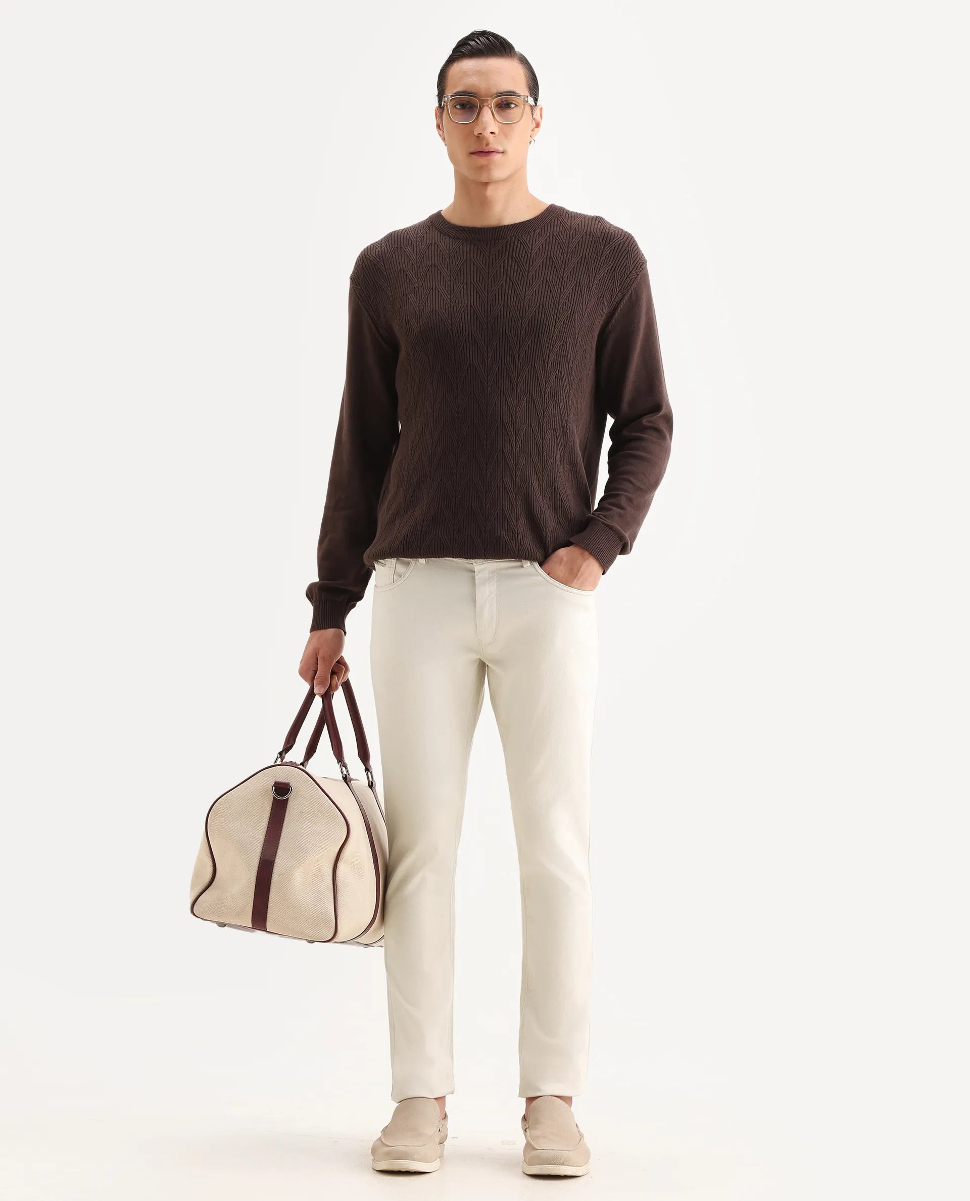 Rare Rabbit Men's Poke Beige Cotton Plain Regular Fit Trouser