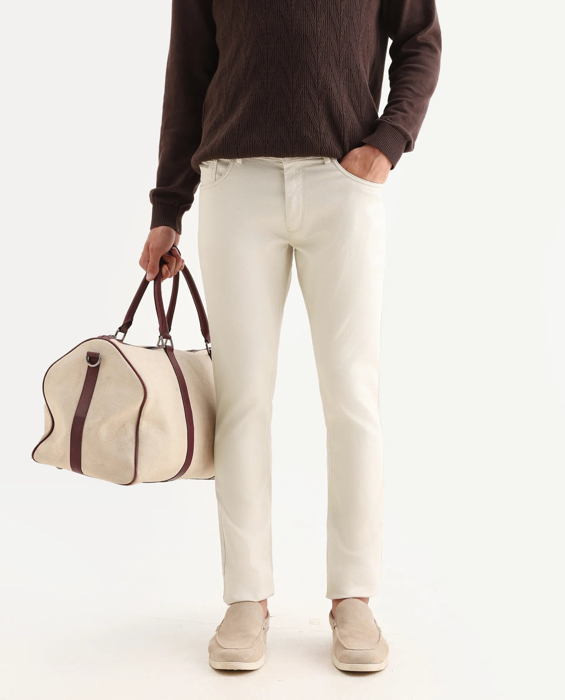 Rare Rabbit Men's Poke Beige Cotton Plain Regular Fit Trouser