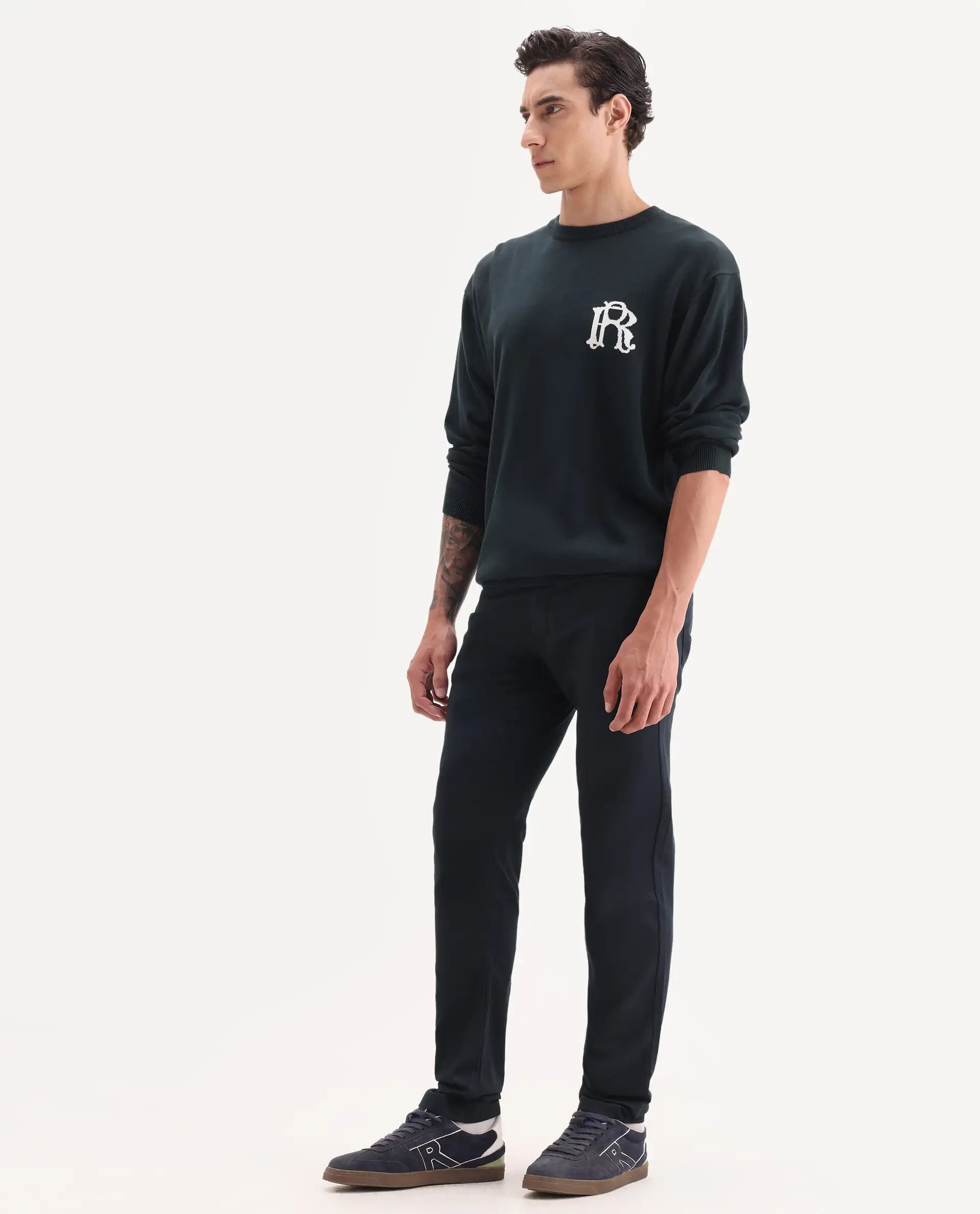 Rare Rabbit Men's Poke Navy Cotton Plain Regular Fit Trouser