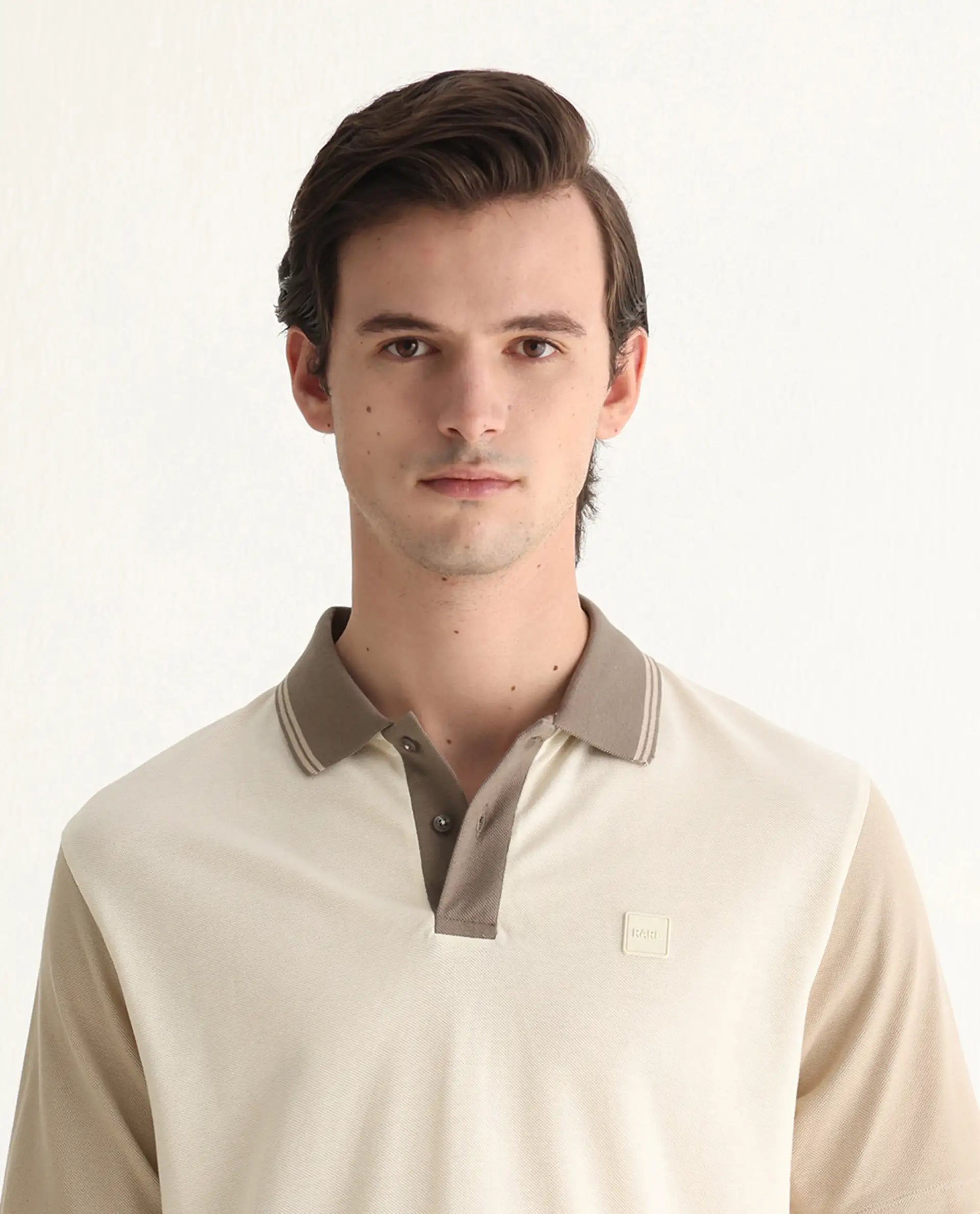 Rare Rabbit Men's Polf Off White Cotton Plain Regular Fit Half Sleeve Polo