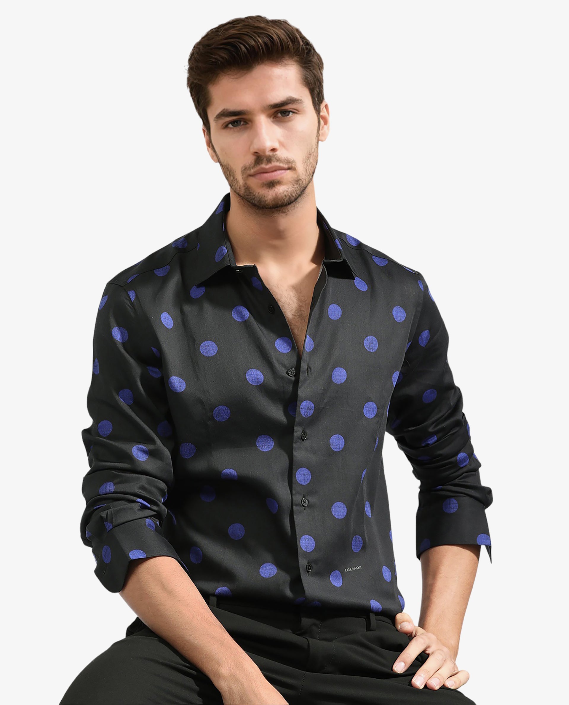 Rare Rabbit Men's Polko Black Modal Cotton Fabric Polka Dot Print Full Sleeves Shirt
