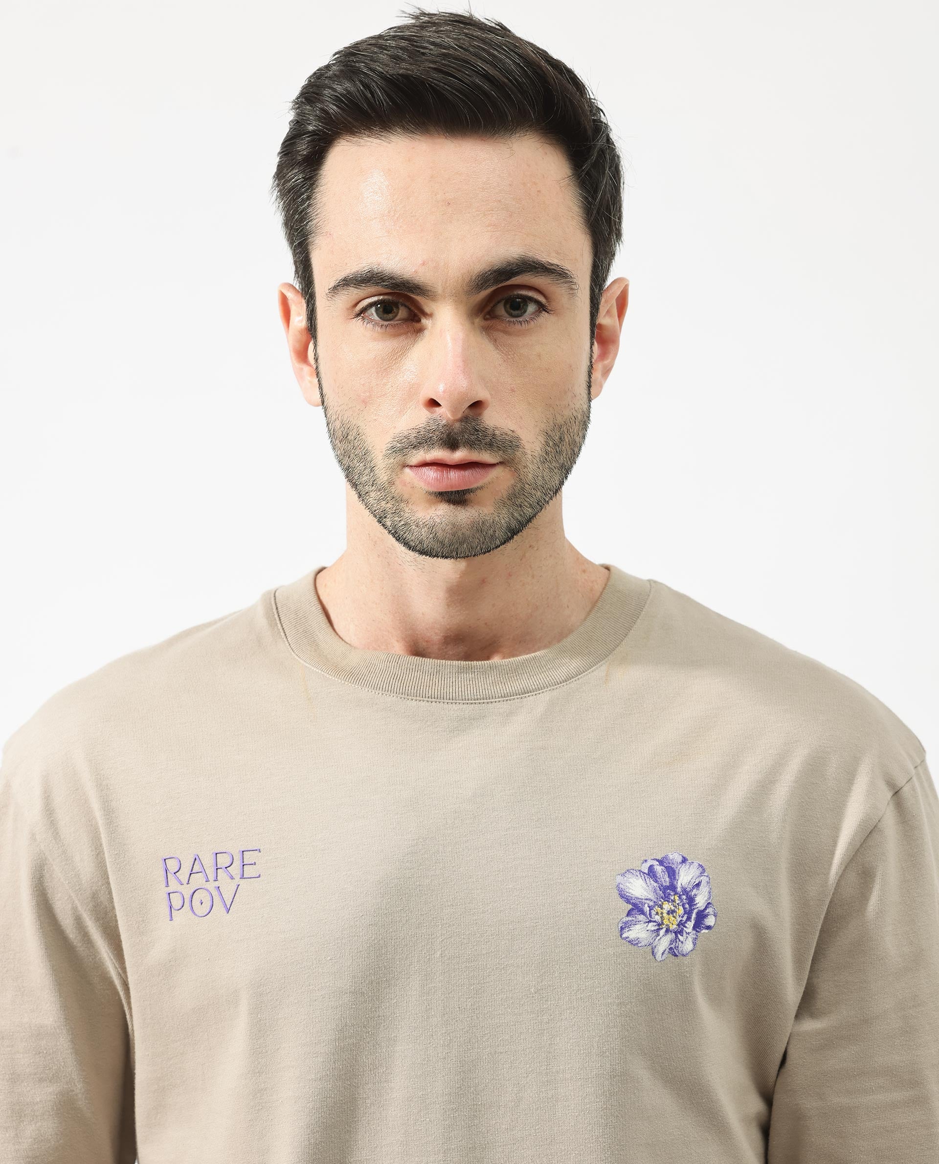 Rare Rabbit Articale Men's Pov Dusky Beige Cotton Polyester Fabric Crew Neck Oversized Fit Graphic Print T-Shirt