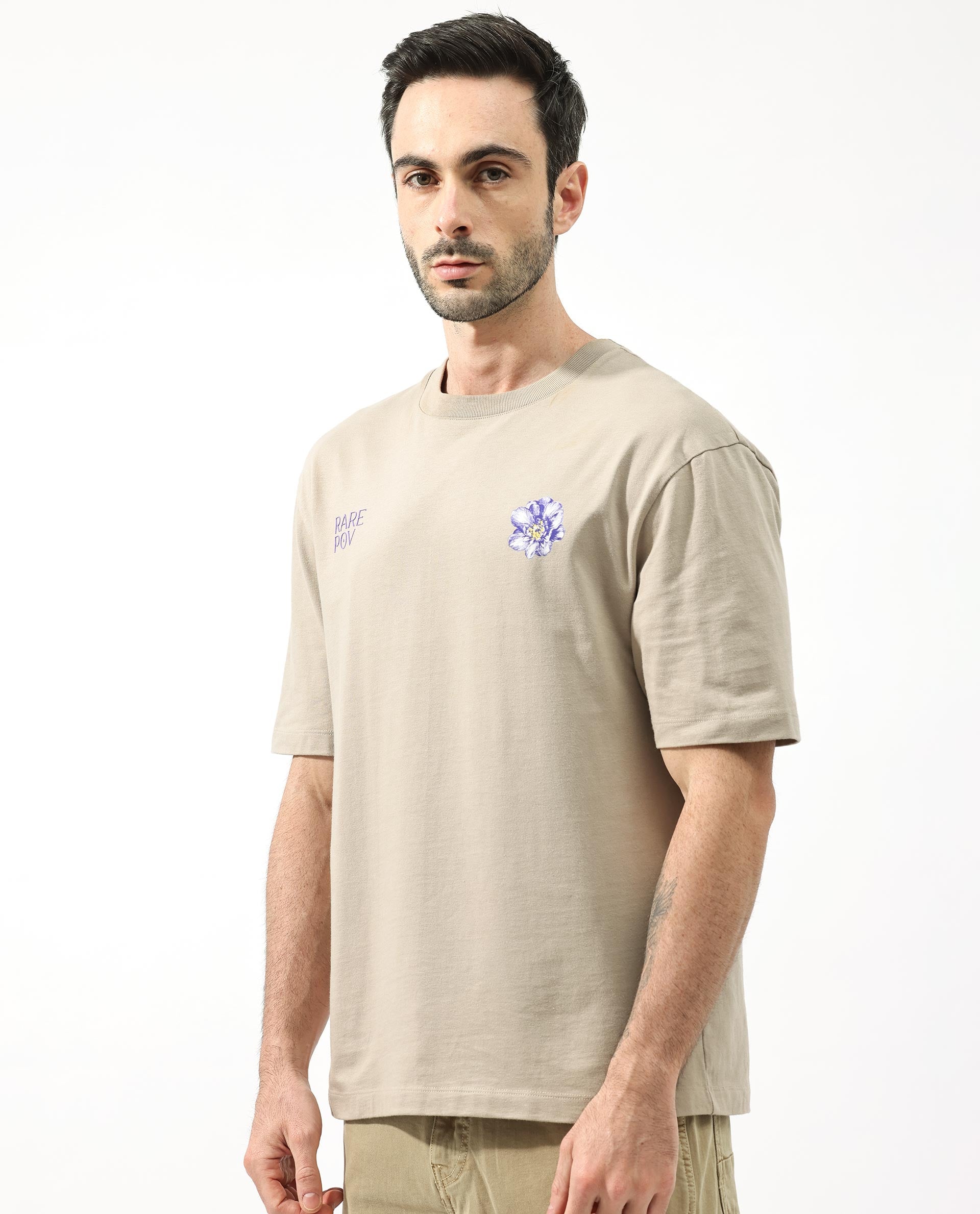 Rare Rabbit Articale Men's Pov Dusky Beige Cotton Polyester Fabric Crew Neck Oversized Fit Graphic Print T-Shirt