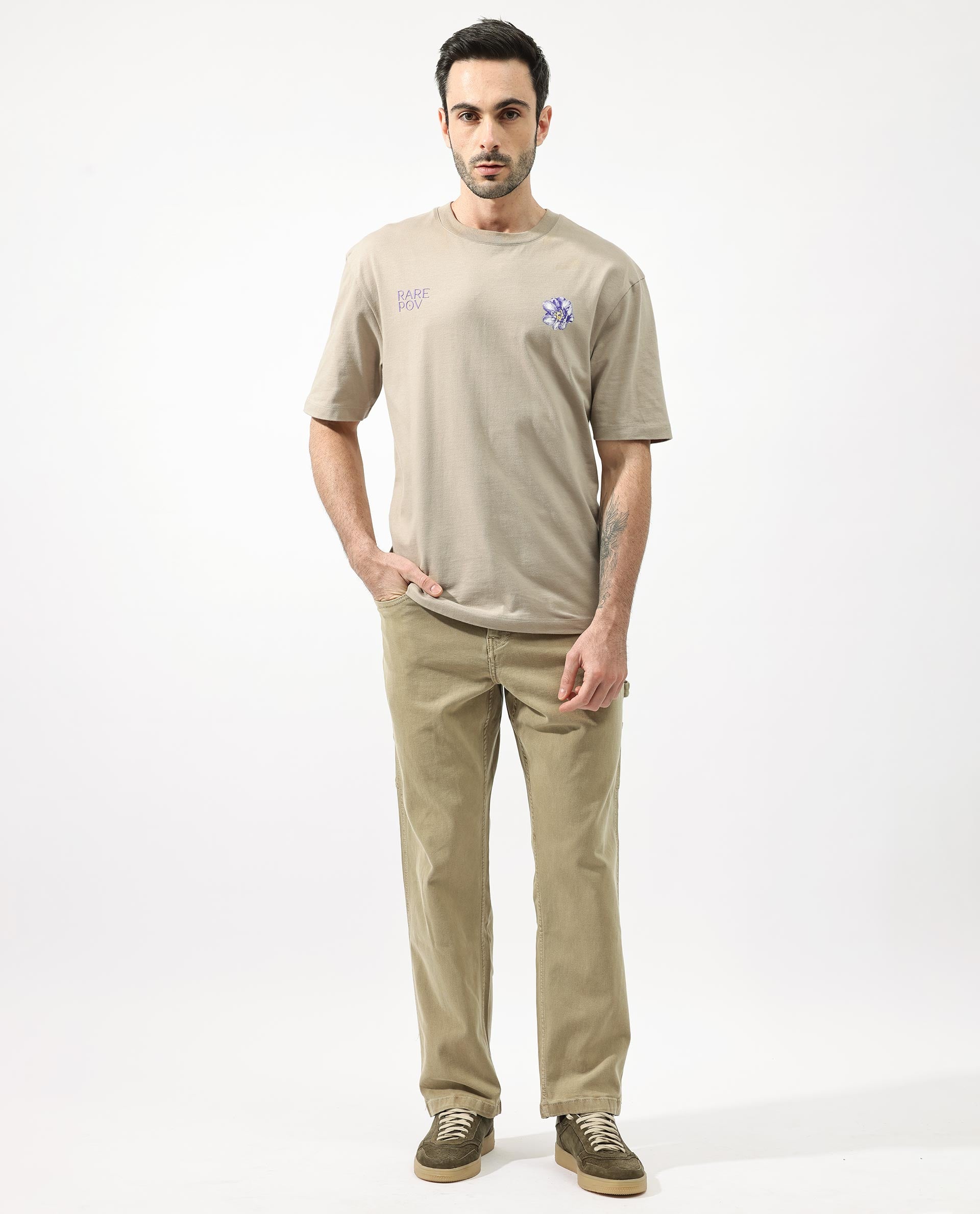 Rare Rabbit Articale Men's Pov Dusky Beige Cotton Polyester Fabric Crew Neck Oversized Fit Graphic Print T-Shirt
