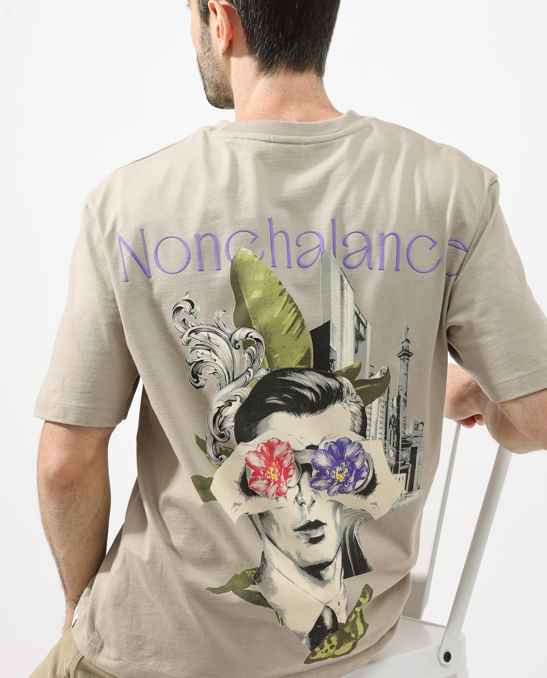 Rare Rabbit Articale Men's Pov Dusky Beige Cotton Polyester Fabric Crew Neck Oversized Fit Graphic Print T-Shirt