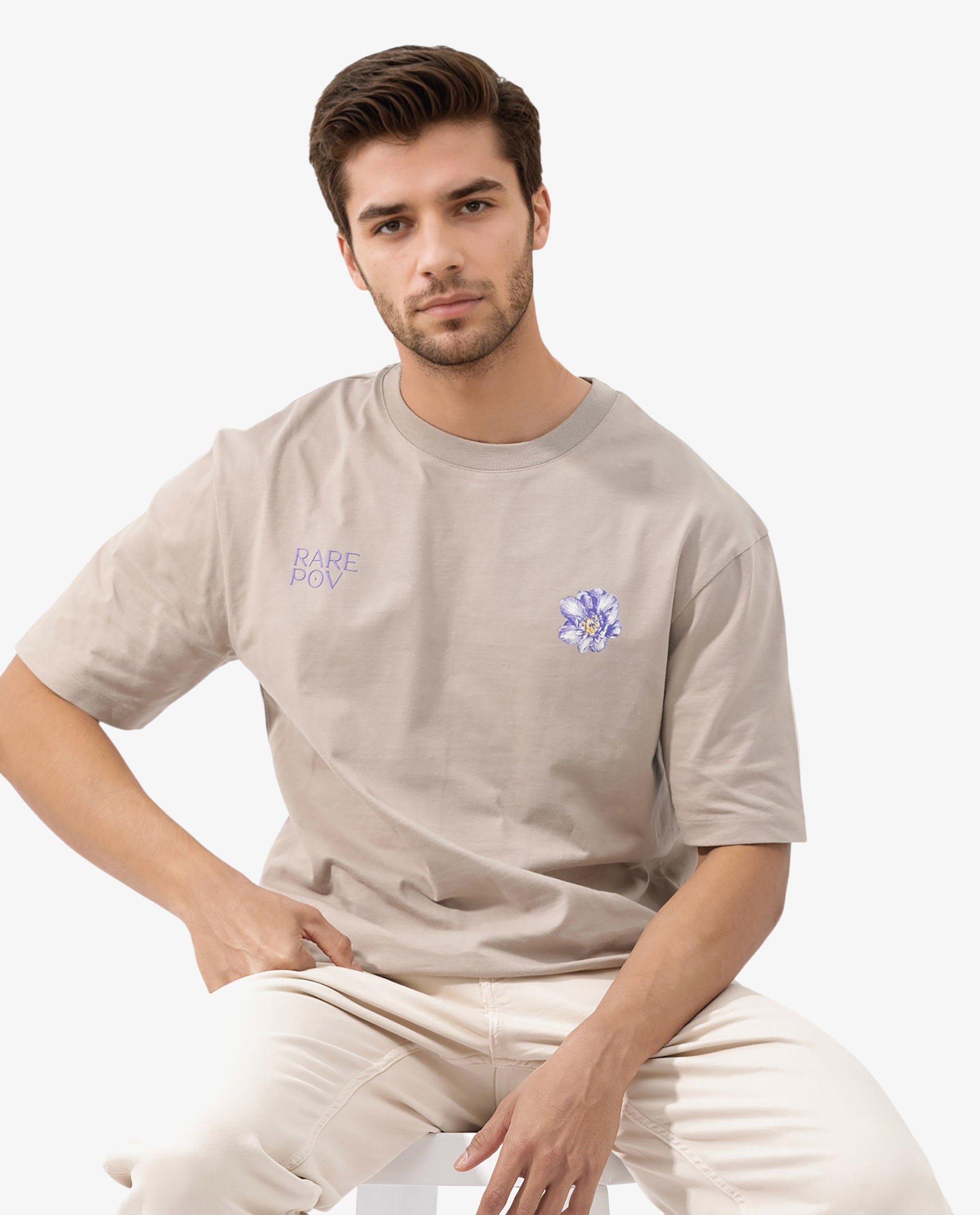 Rare Rabbit Articale Men's Pov Dusky Beige Cotton Polyester Fabric Crew Neck Oversized Fit Graphic Print T-Shirt