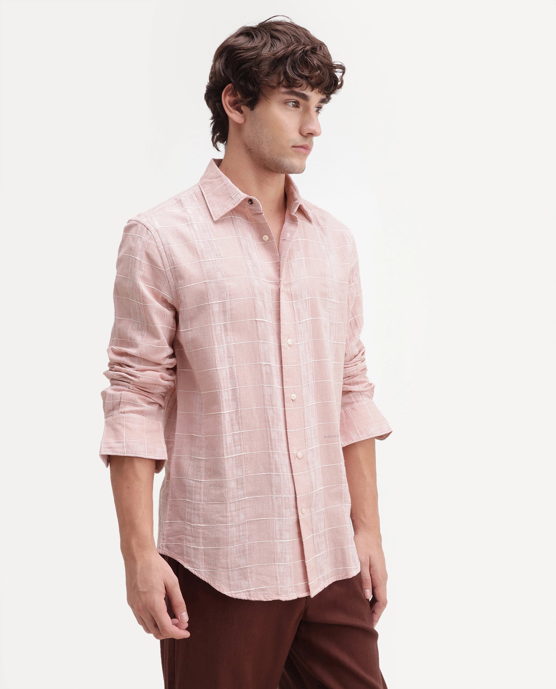 Rare Rabbit Men's Prads Light Pink Cotton Blend Fabric Full Sleeve Regular Fit Checked Shirt