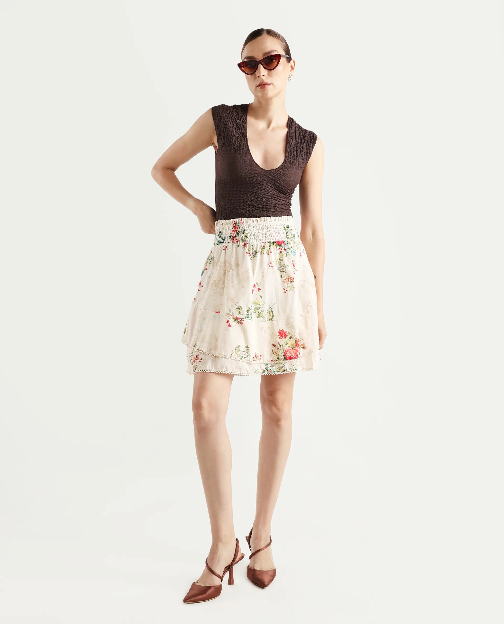 Rareism Women's Prato Multi Cotton Floral Print Mini Relaxed Fit Skirt