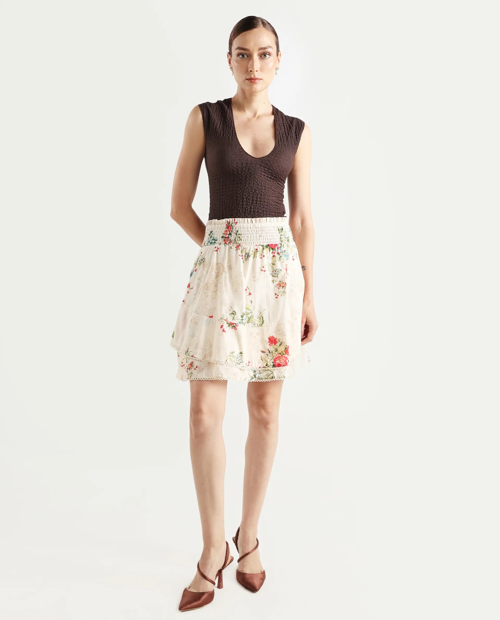 Rareism Women's Prato Multi Cotton Floral Print Mini Relaxed Fit Skirt