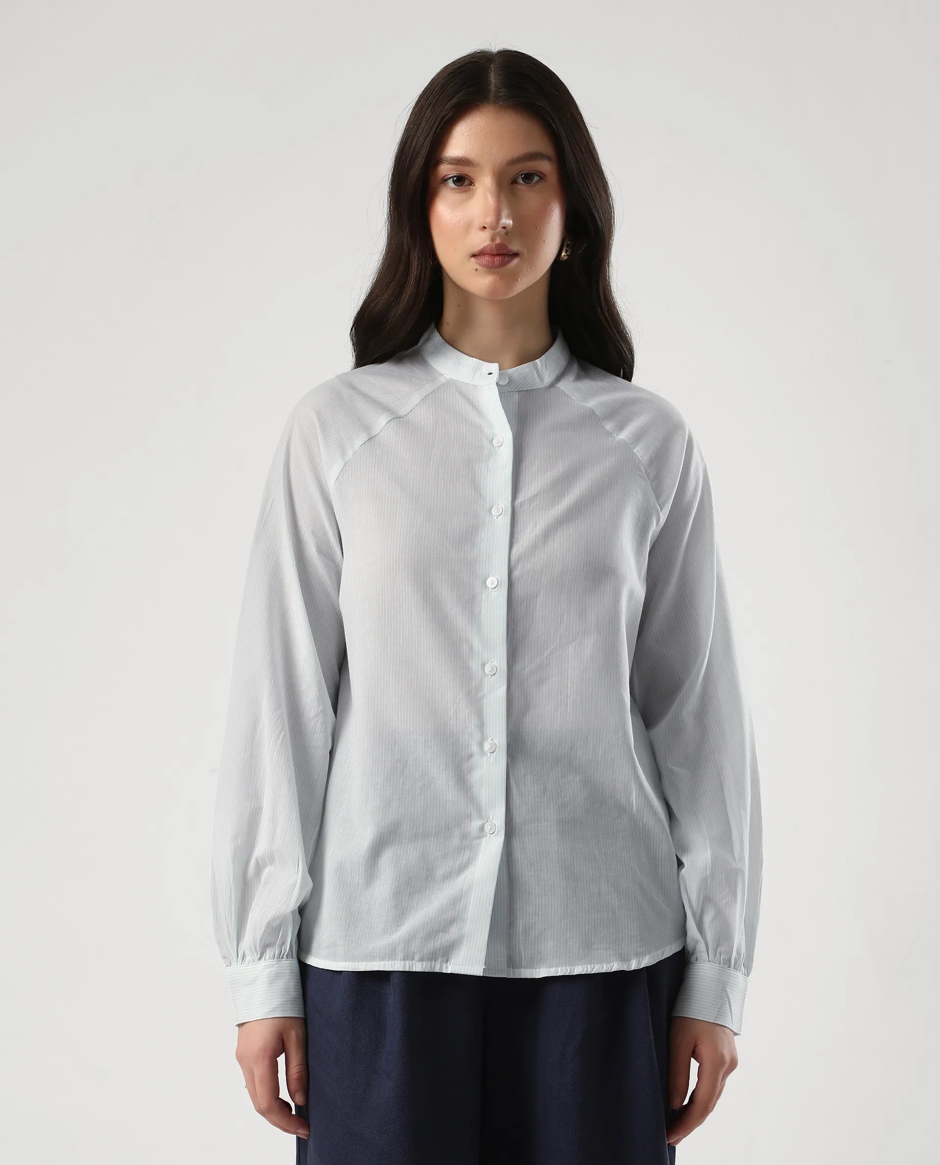 Rareism Women's Preb Blue Cotton Mandarin Collar Striped Bishop Sleeve Regular Fit Top