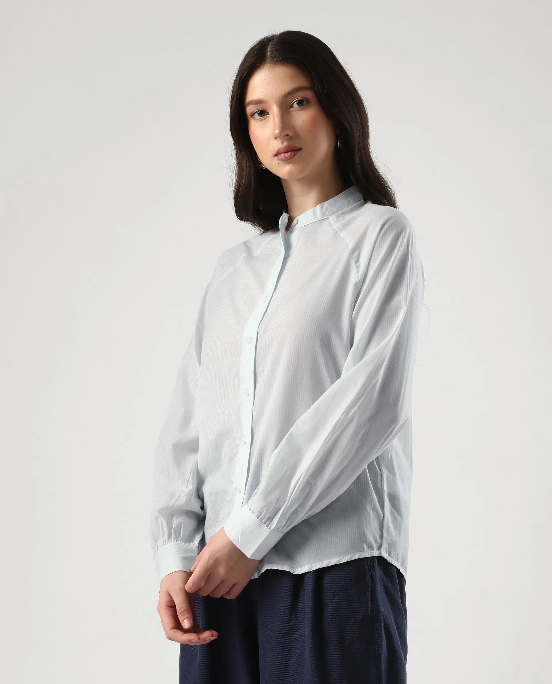 Rareism Women's Preb Blue Cotton Mandarin Collar Striped Bishop Sleeve Regular Fit Top