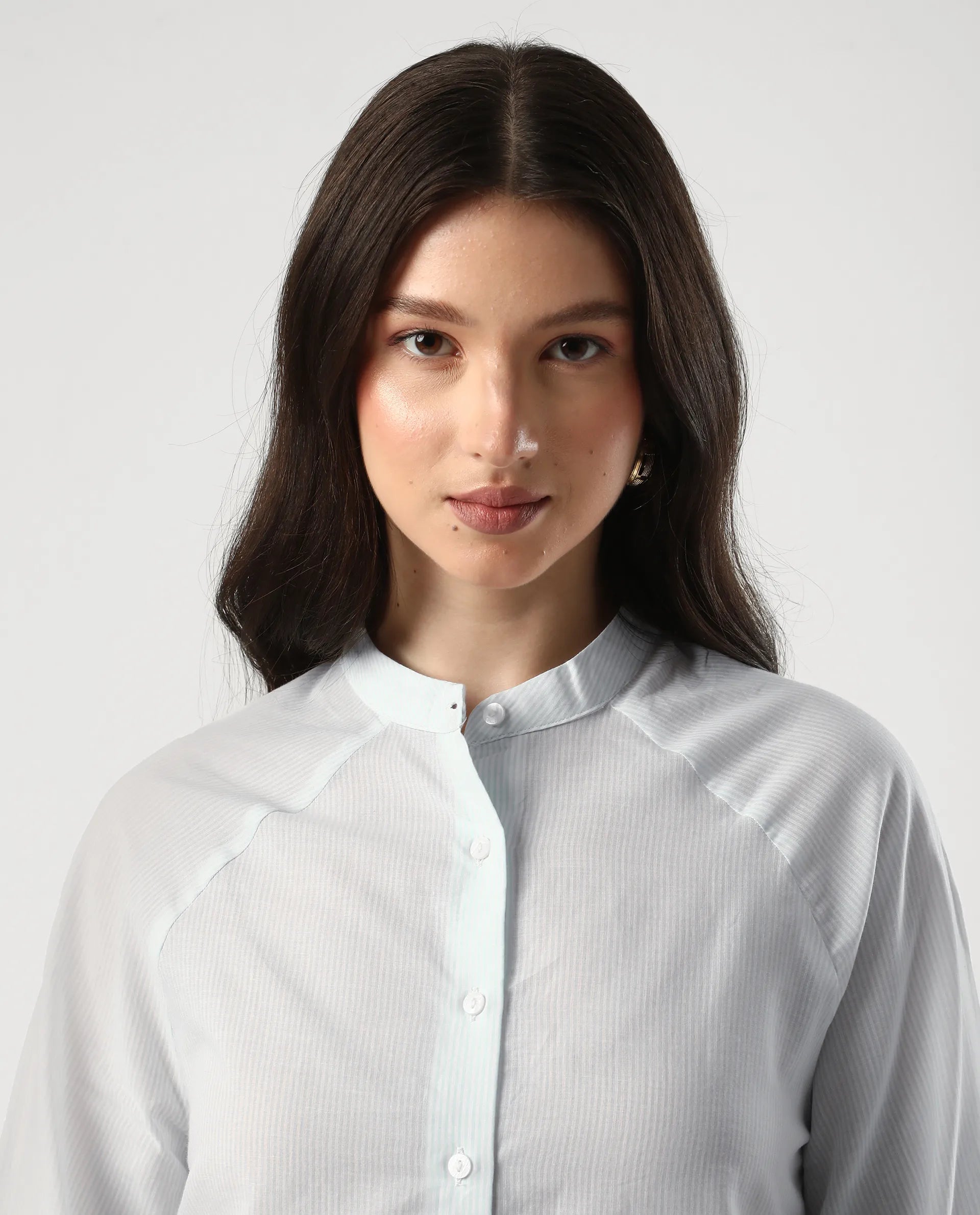 Rareism Women's Preb Blue Cotton Mandarin Collar Striped Bishop Sleeve Regular Fit Top