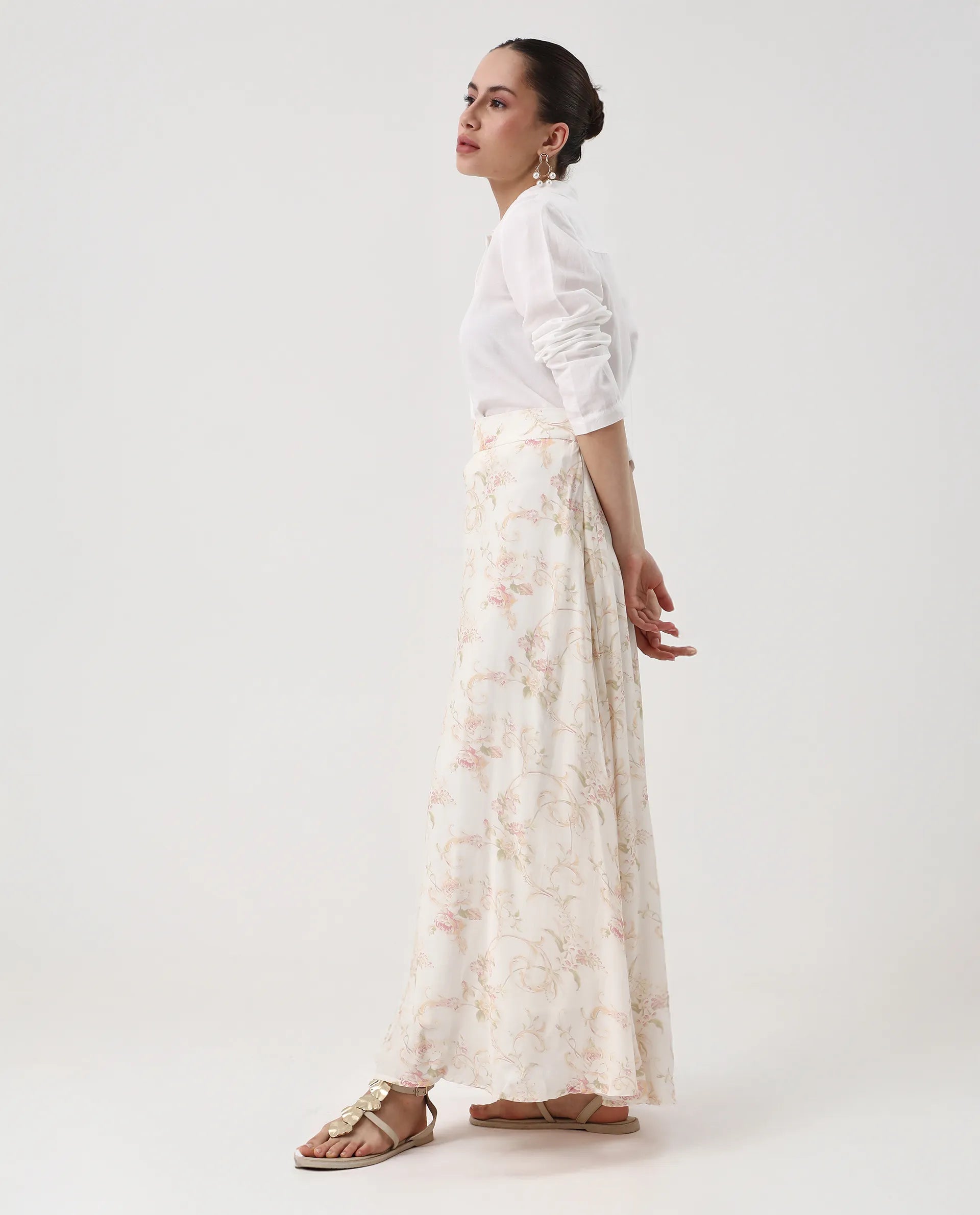 Rareism Women's Prelio Off White Viscose Blend Floral Print Maxi A-Line Skirt