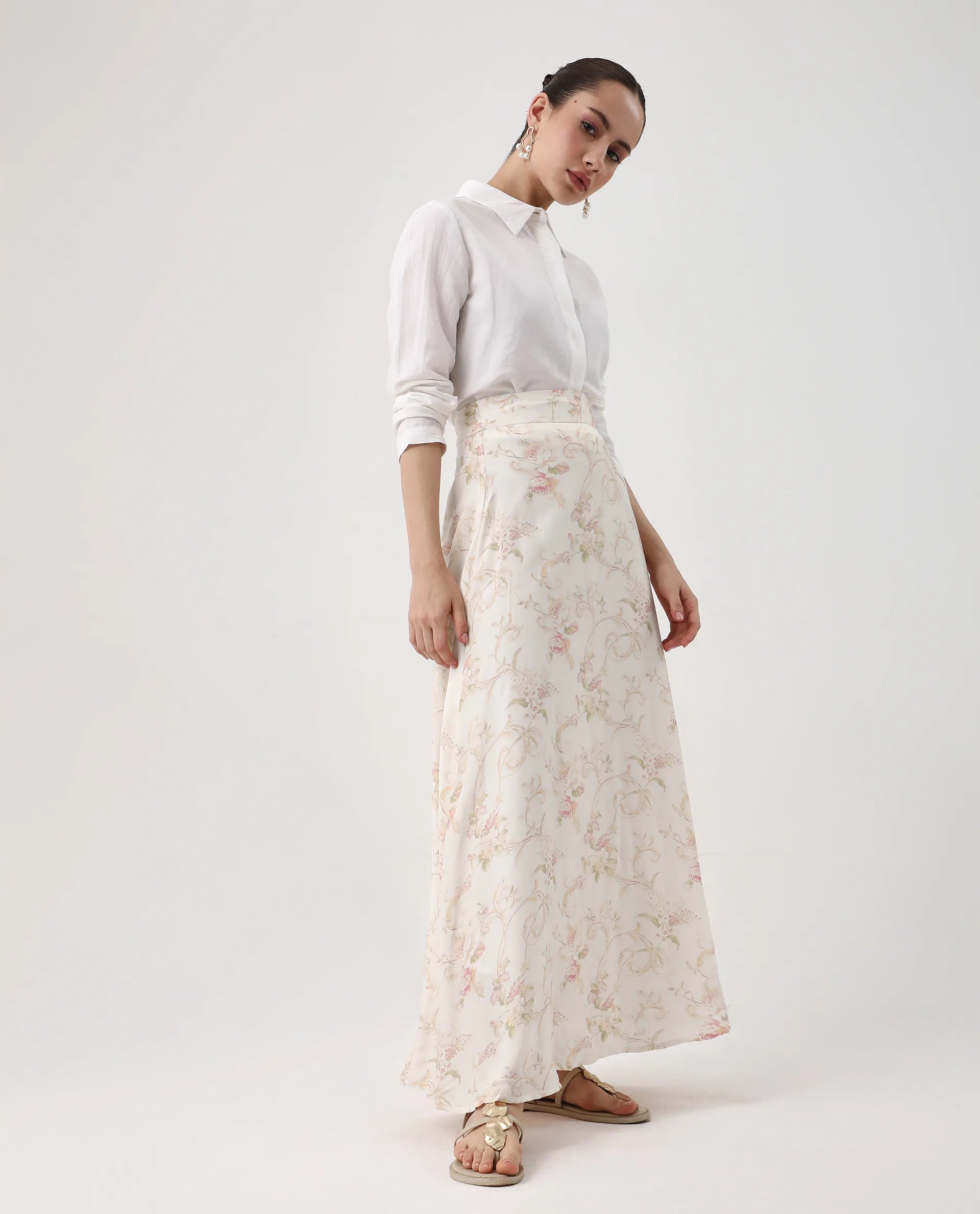 Rareism Women's Prelio Off White Viscose Blend Floral Print Maxi A-Line Skirt