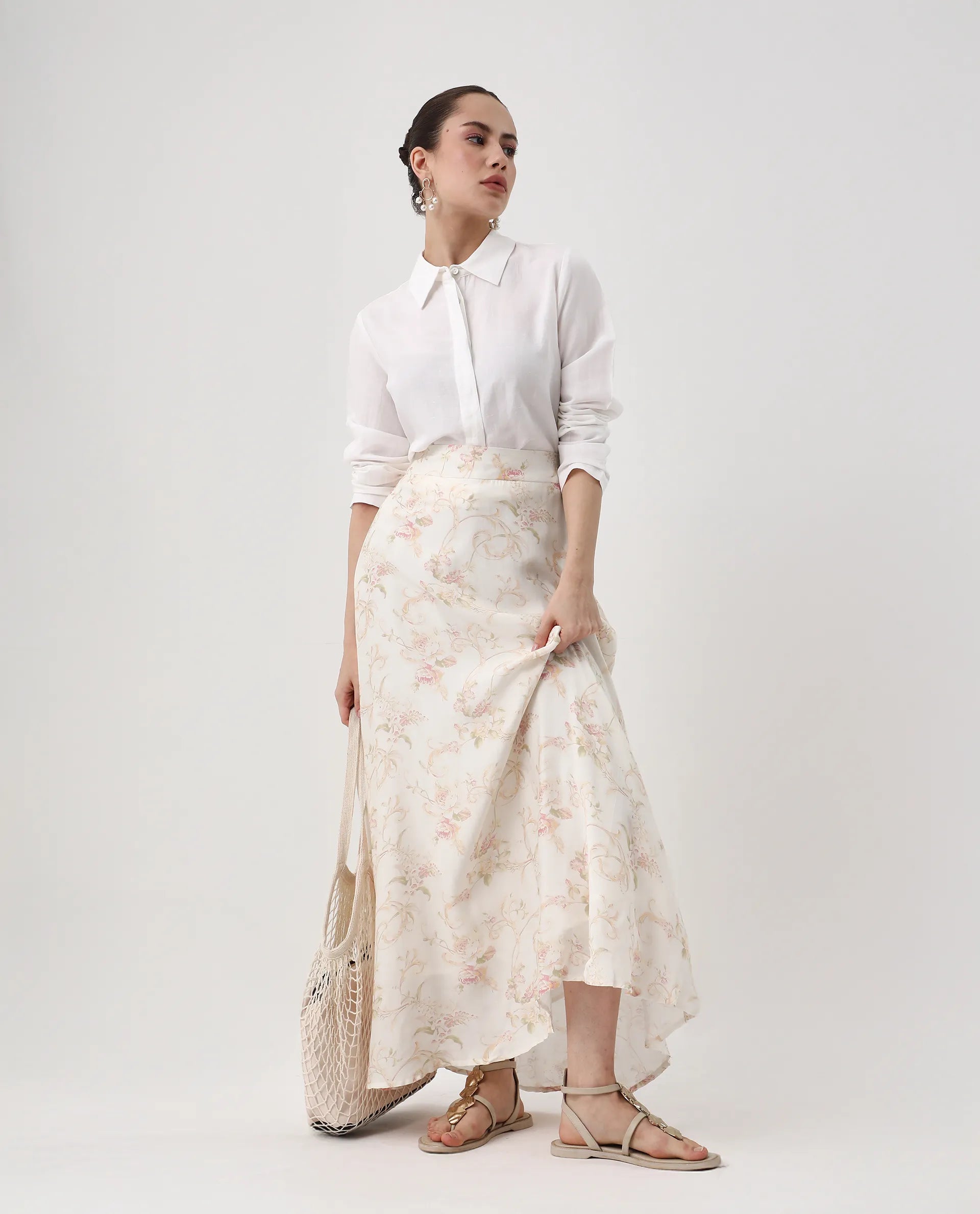 Rareism Women's Prelio Off White Viscose Blend Floral Print Maxi A-Line Skirt