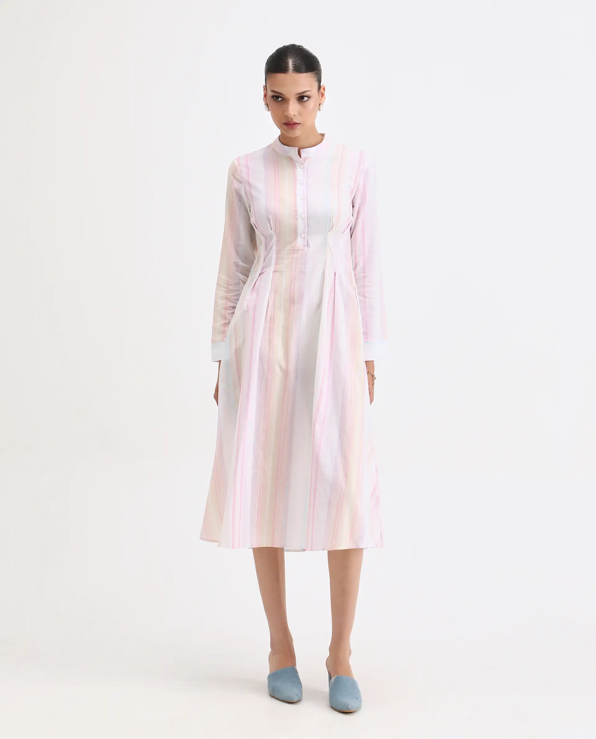 Rareism Women's Premty Multi Cotton Mandarin Collar Striped Cuffed Sleeve Maxi Flared Dress