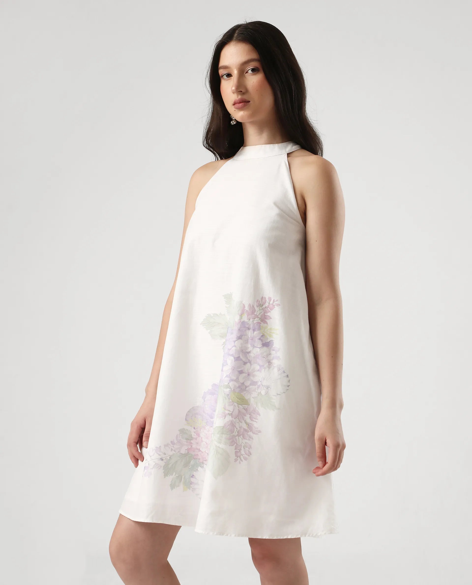 Rareism Women's Pret White Cotton Halter Neck Floral Print Sleeveless Mini Flared Dress