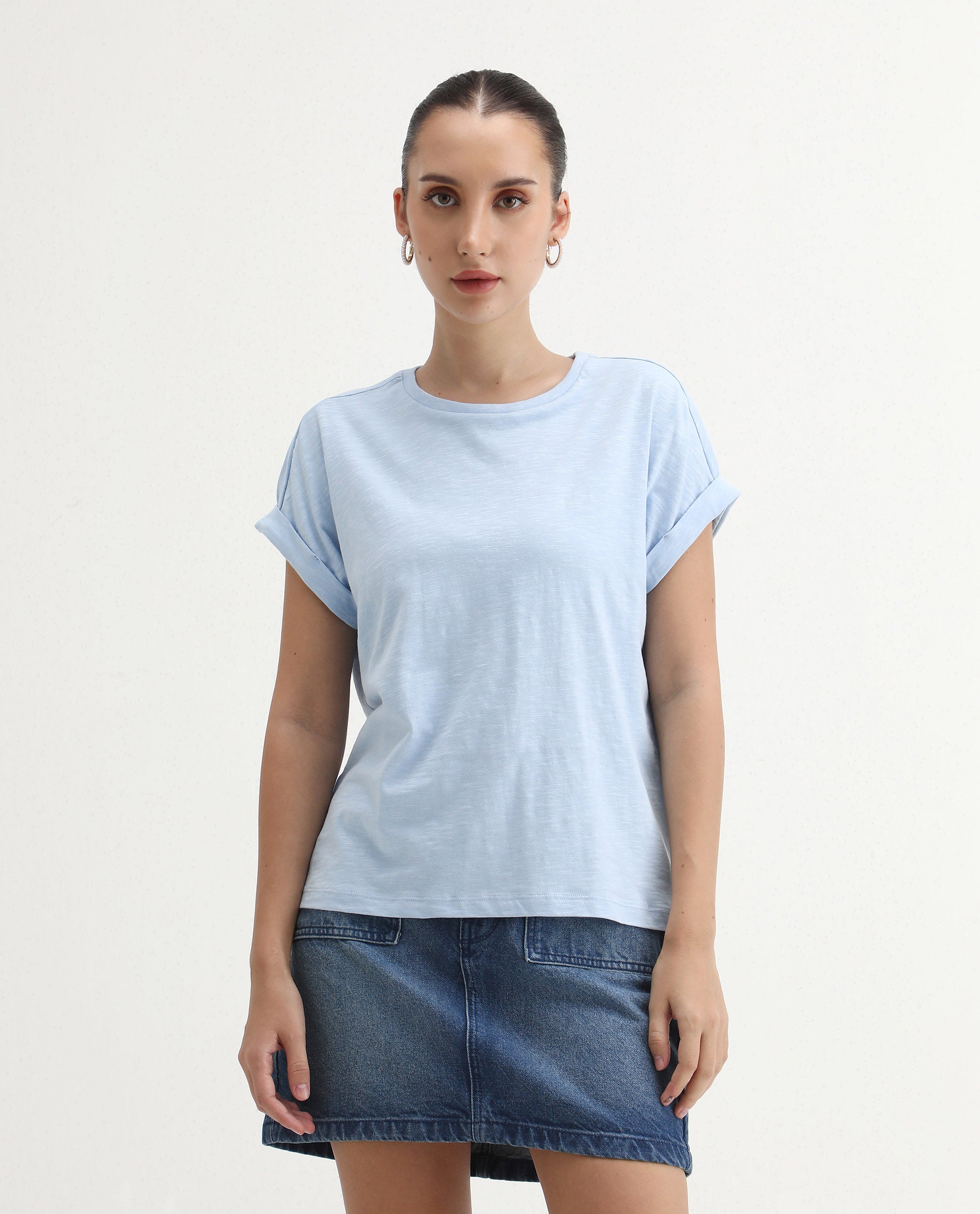 Rareism Women's Prisk Light Blue Cotton Crew Neck Plain Extended Sleeves Regular Fit T-Shirt