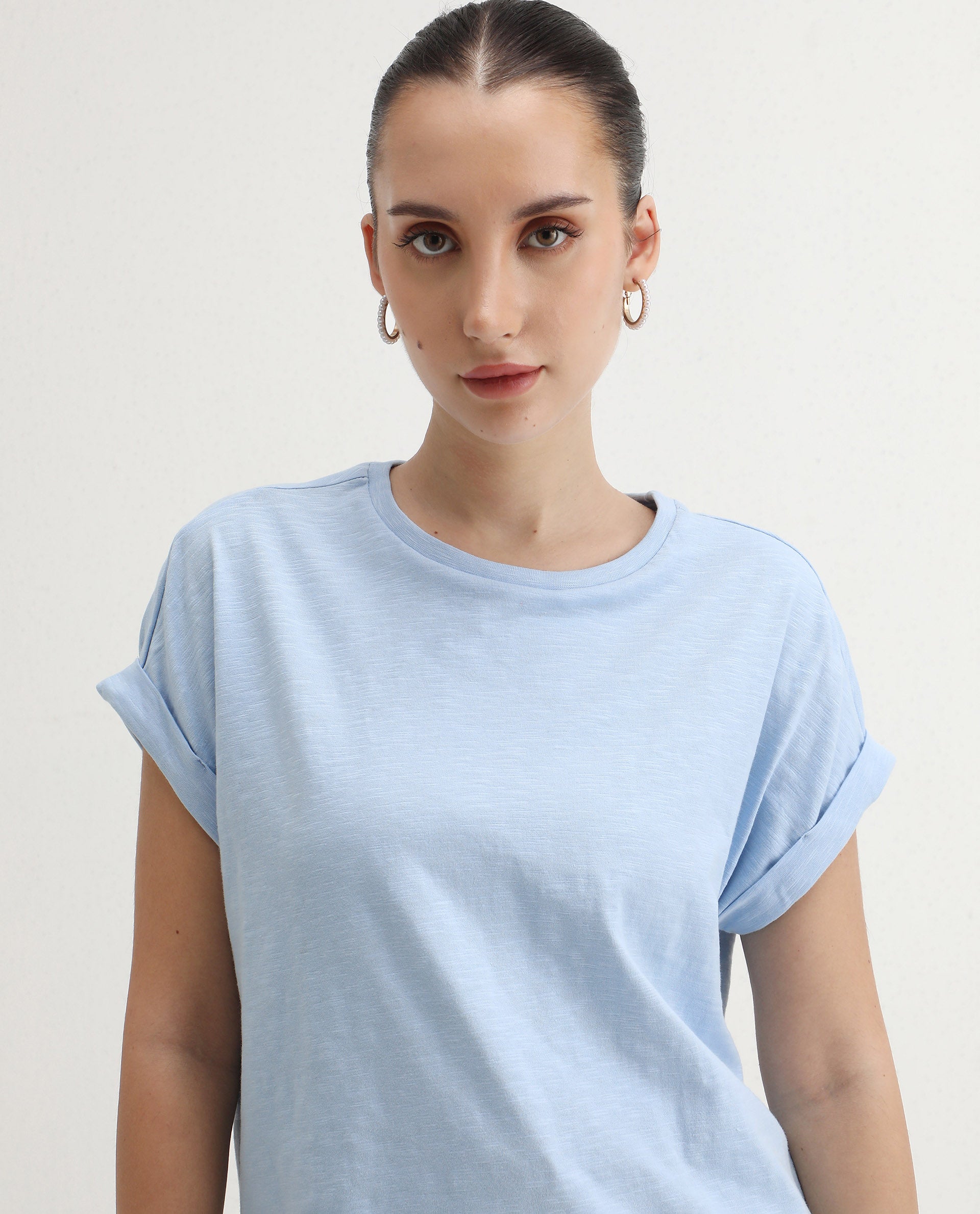 Rareism Women's Prisk Light Blue Cotton Crew Neck Plain Extended Sleeves Regular Fit T-Shirt
