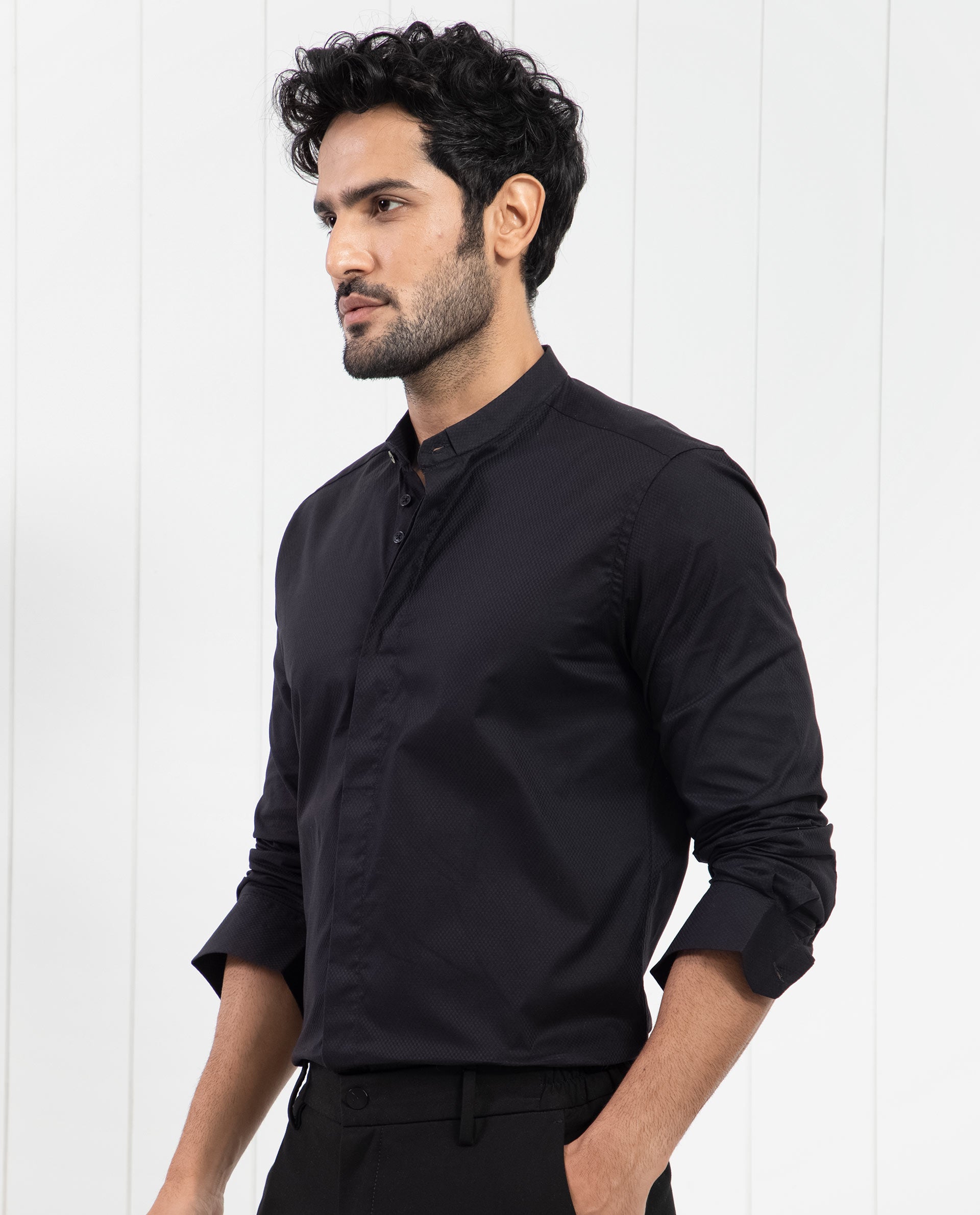 Rare Rabbit Men's Pristina Black Cotton Fabric Mandarin Collar Full Sleeves Solid Shirt