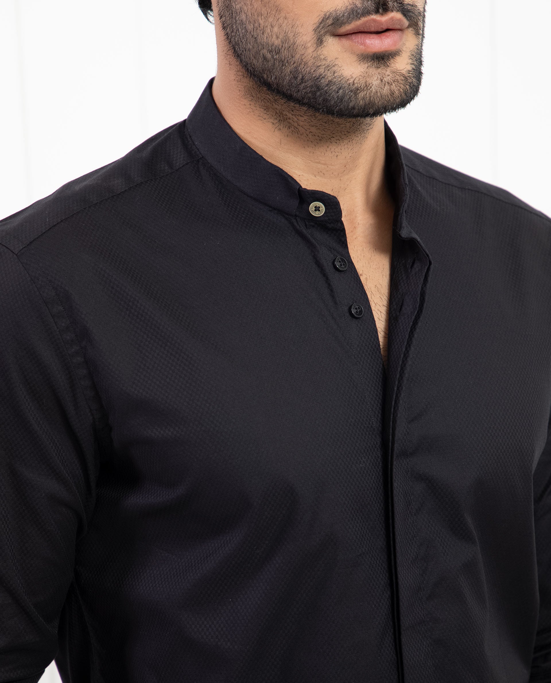 Rare Rabbit Men's Pristina Black Cotton Fabric Mandarin Collar Full Sleeves Solid Shirt