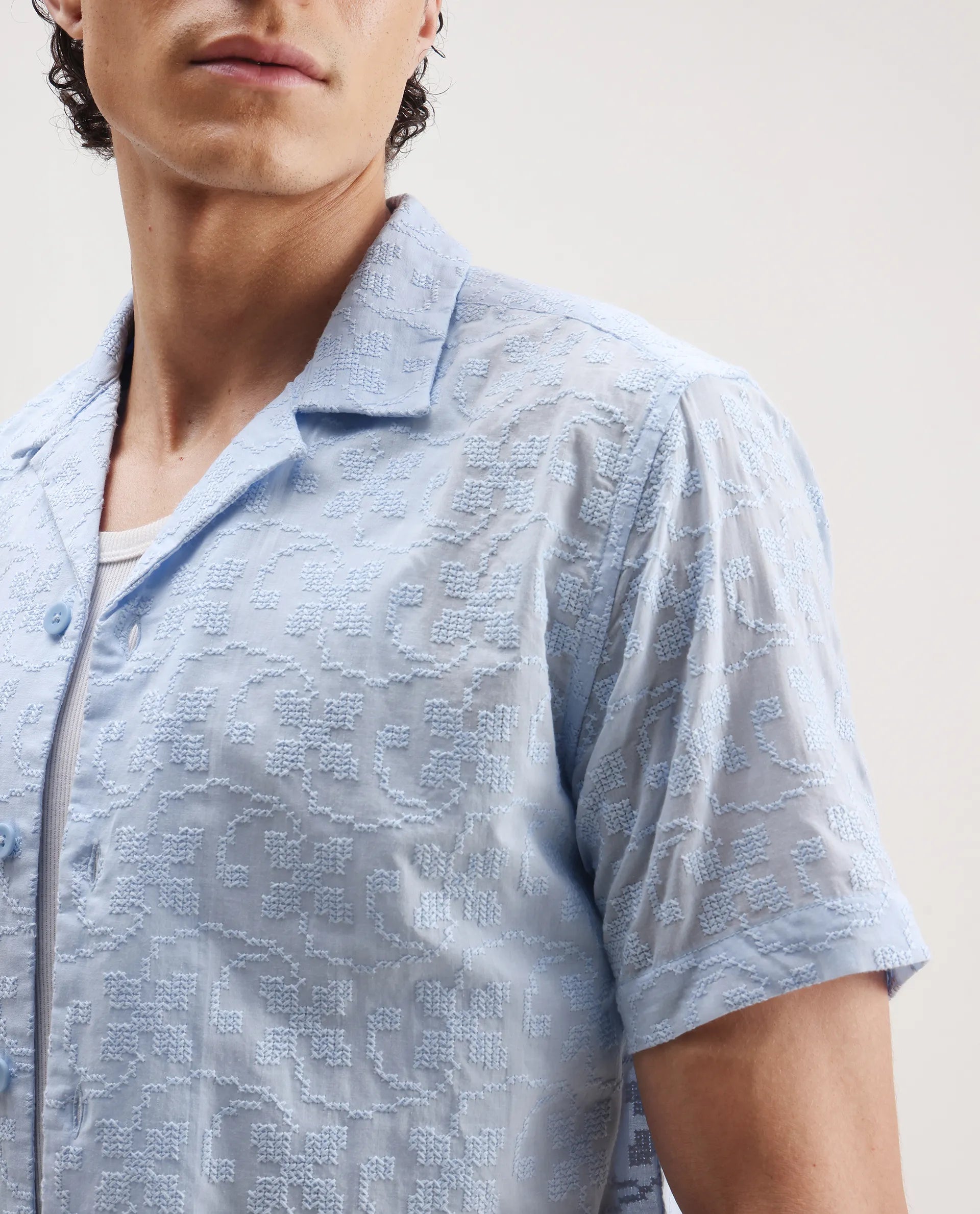 Rare Rabbit Men's Propel Pastel Blue Cotton Embroidered Boxy Fit Half Sleeve Cuban Collar Shirt