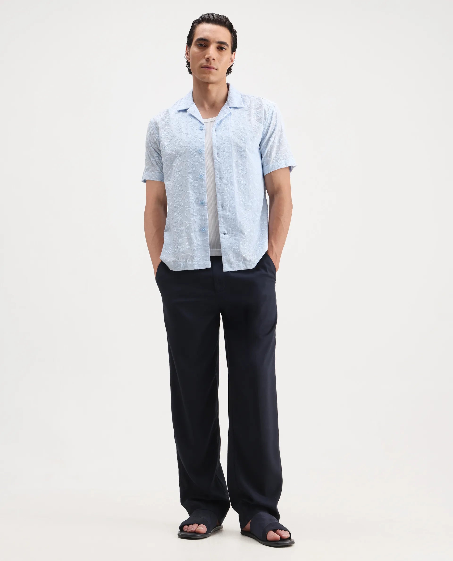 Rare Rabbit Men's Propel Pastel Blue Cotton Embroidered Boxy Fit Half Sleeve Cuban Collar Shirt